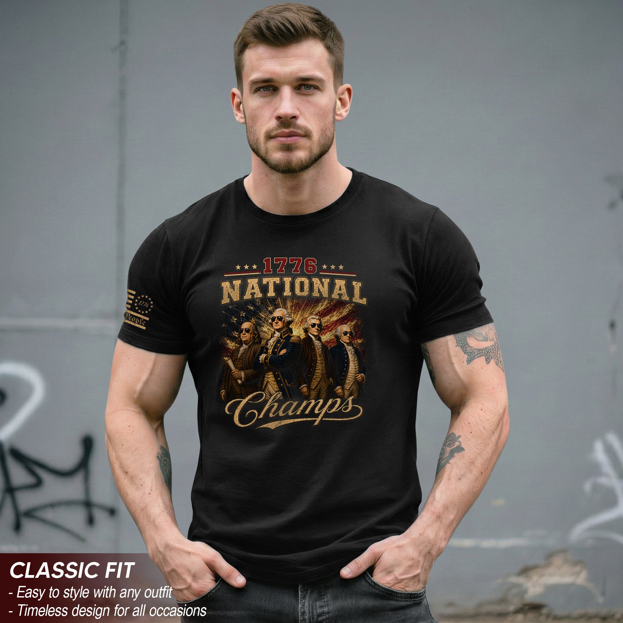 1776 National Champs Patriotic Graphic T-Shirt Founding Fathers Vintage Style Casual Apparel