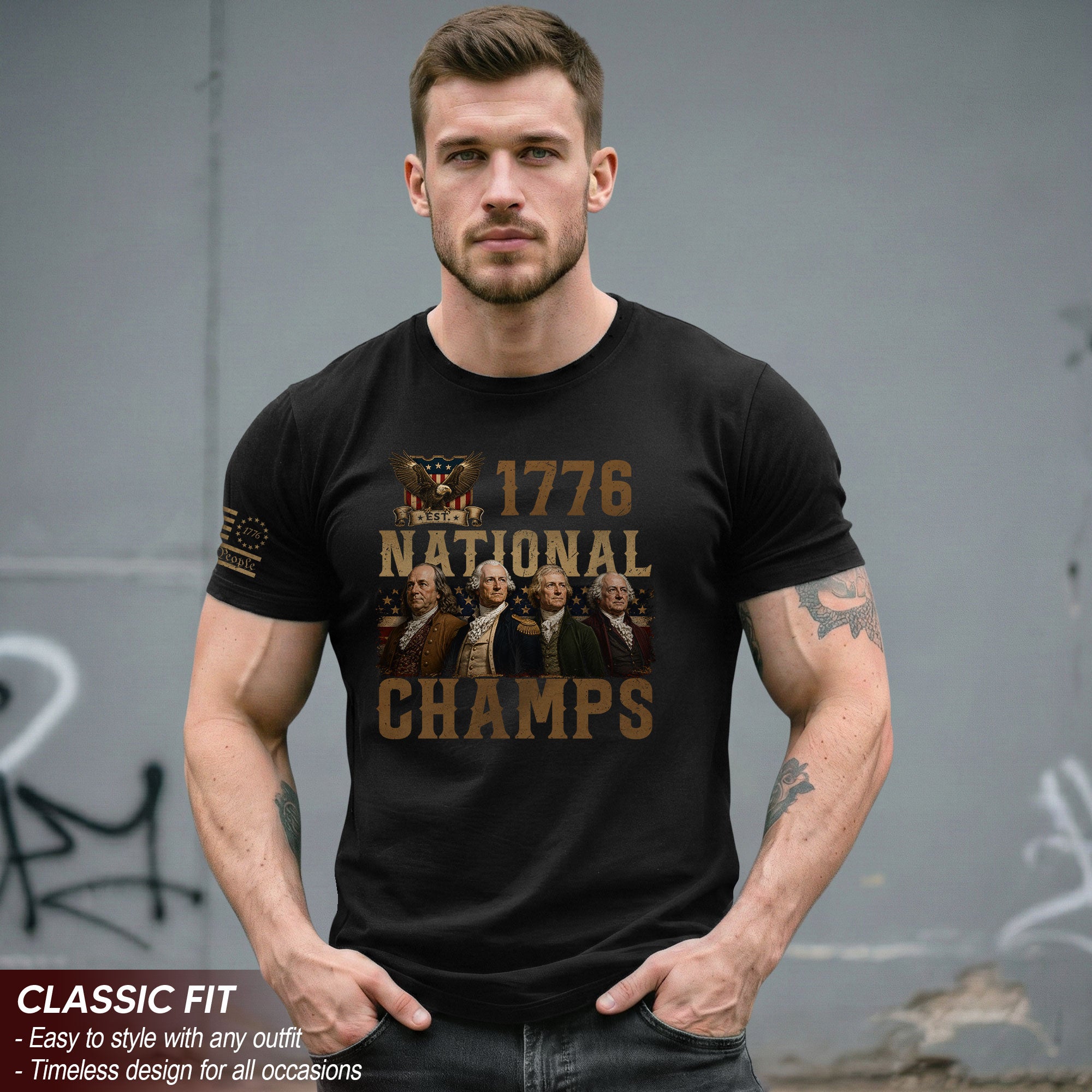 1776 National Champs Patriotic Graphic Tee Founding Fathers Vintage Style Short Sleeve T-Shirt