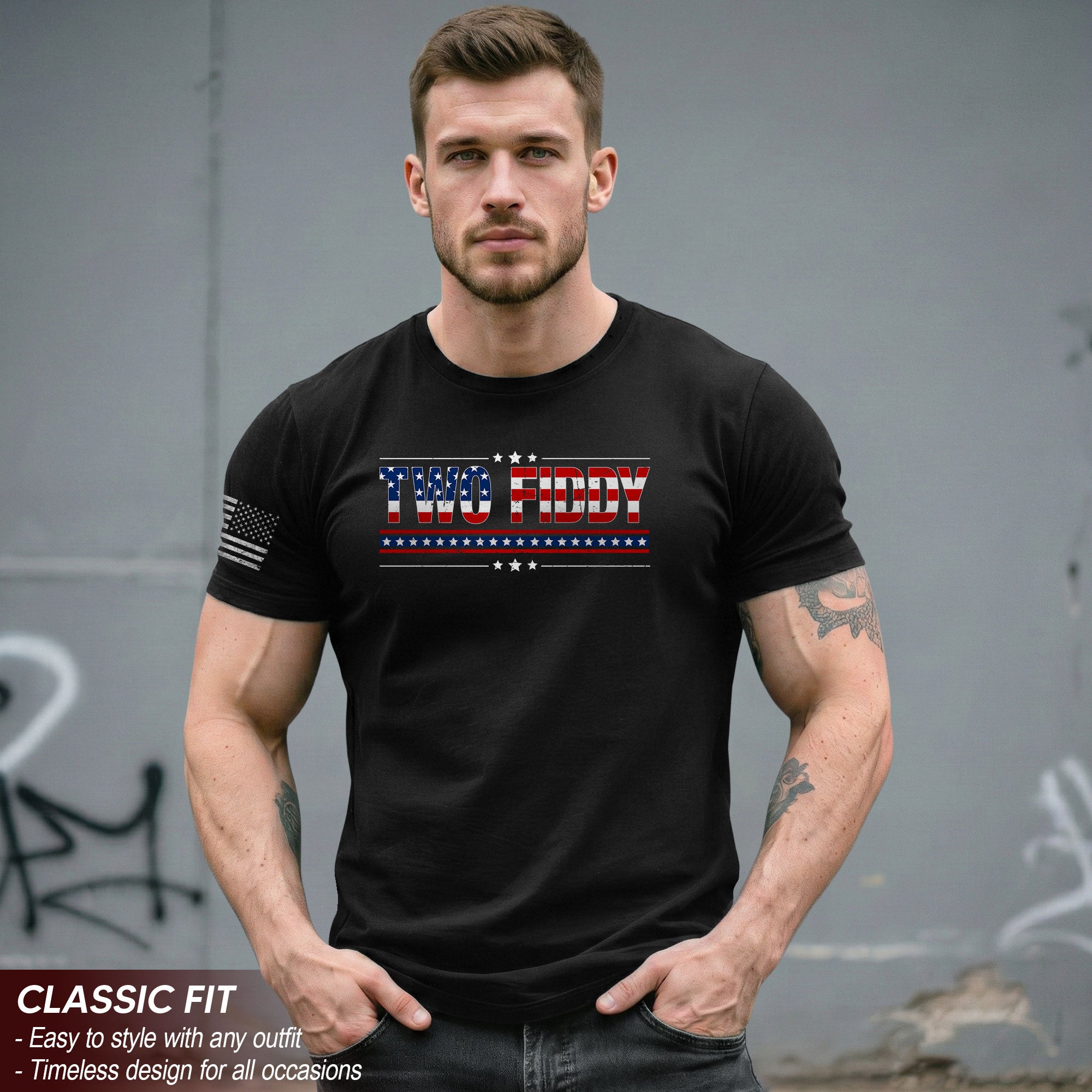 Two Fiddy Graphic T-Shirt Patriotic American Flag Design Casual Tee for Men and Women