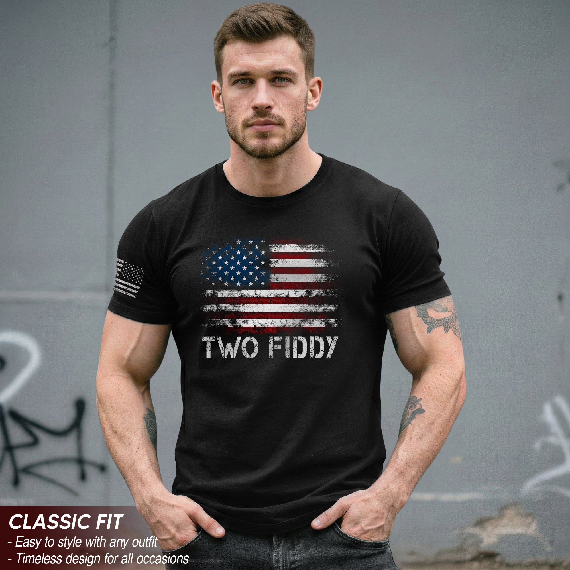 Two Fiddy Distressed Flag Graphic Tee Unisex Soft Cotton Patriotic Short Sleeve T-Shirt