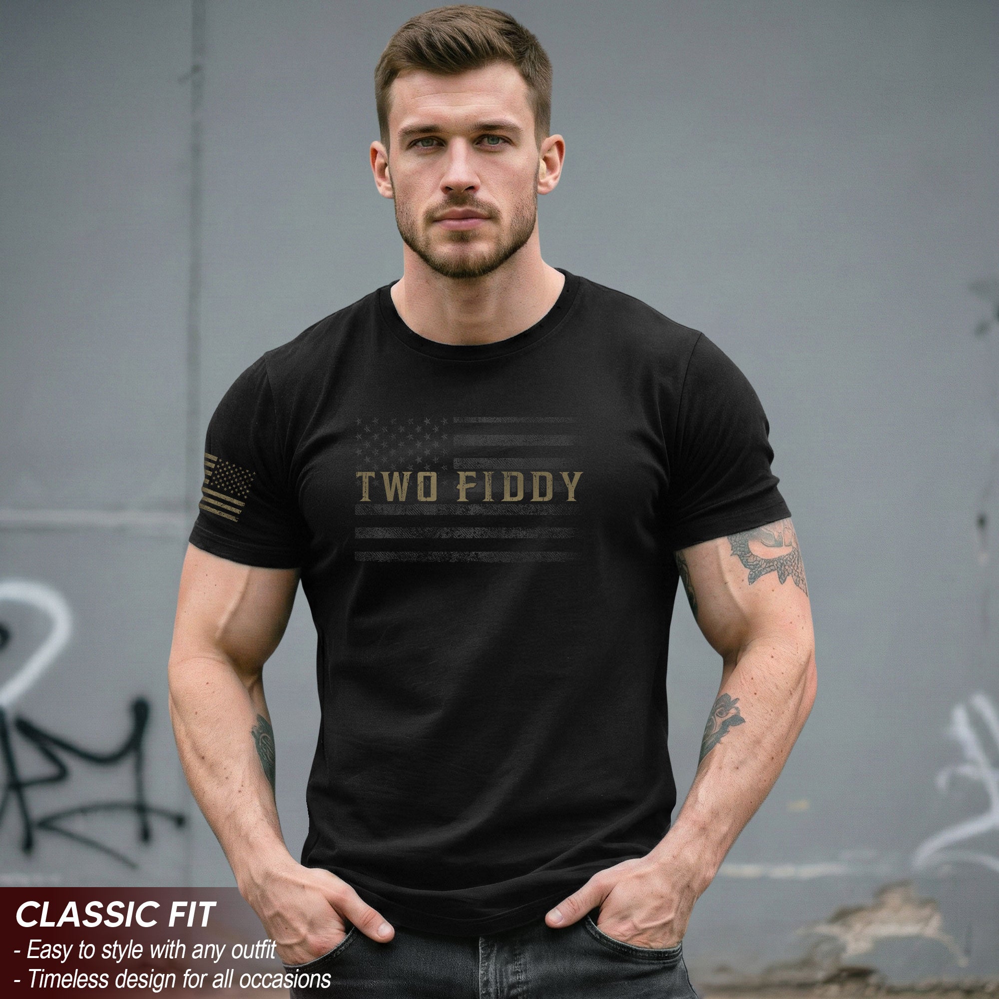 Two Fiddy Graphic T-Shirt Vintage Style Flag Design Casual Apparel Short Sleeve Tee