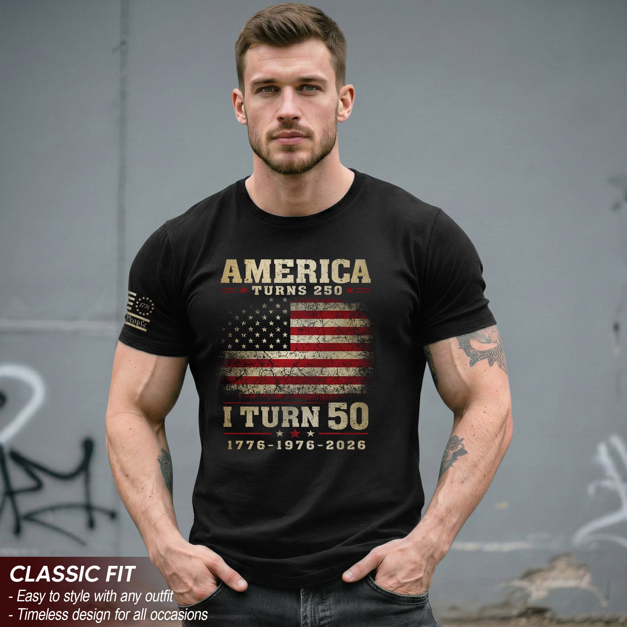 Patriotic 1776 2026 Birthday Tee Celebrating America Turns 250 And I Turn 50 Graphic Shirt