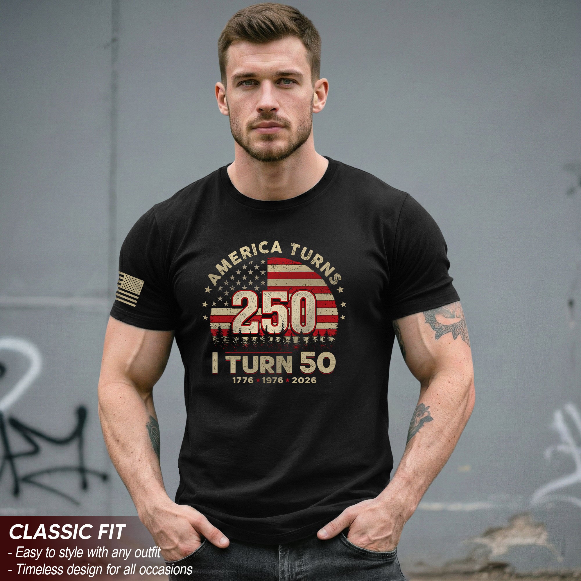 Awesome 1776 2026 Birthday Shirt America Turns 250 And I Turn 50 Patriotic Graphic Tee
