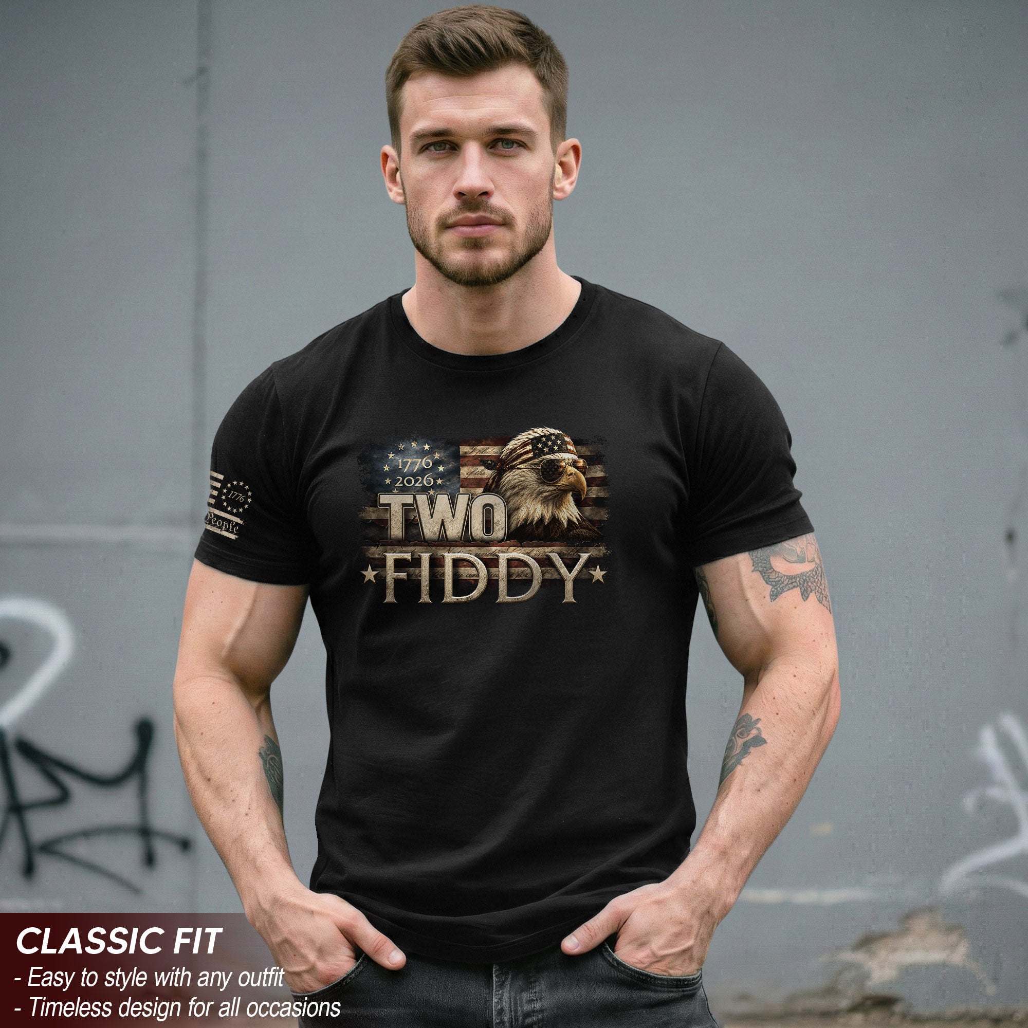 Two Fiddy 1776 2026 Graphic Tee Bald Eagle Patriotic Apparel Heritage Clothing