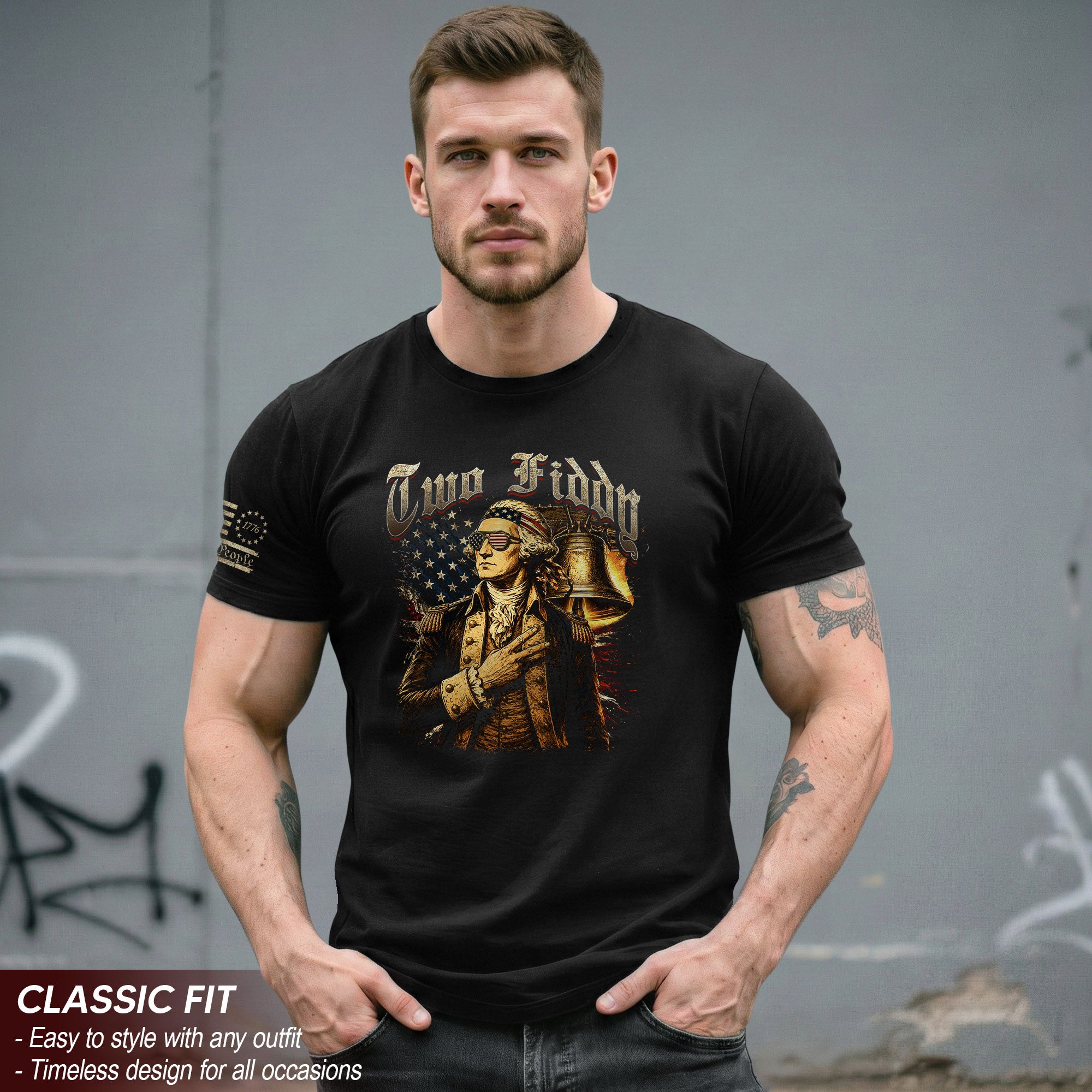 Two Fiddy George Washington Patriotic Graphic Tee Liberty Bell Heritage Style Shirt