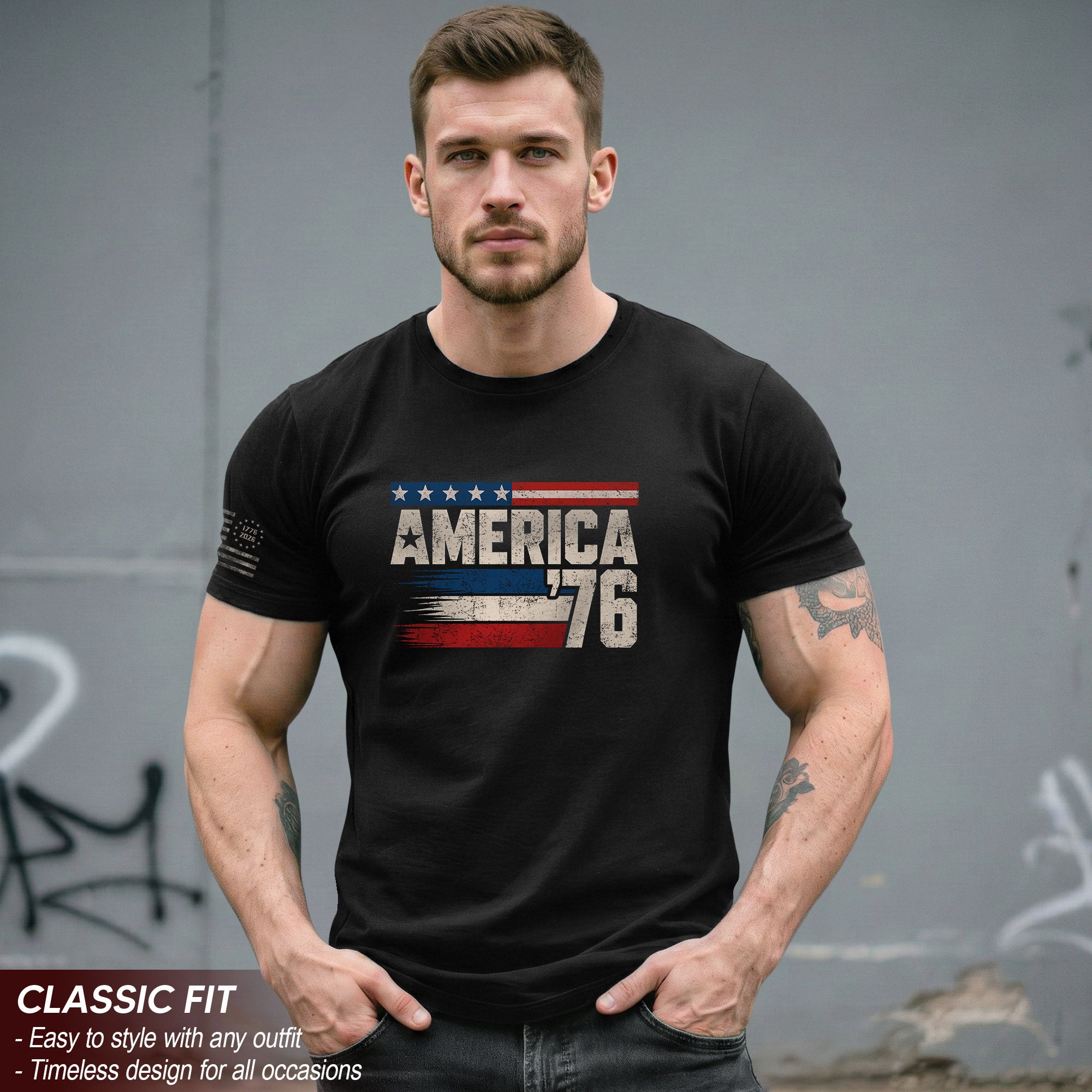 America '76 Graphic Tee Vintage Flag Design Patriotic Style Casual Mens Statement Shirt