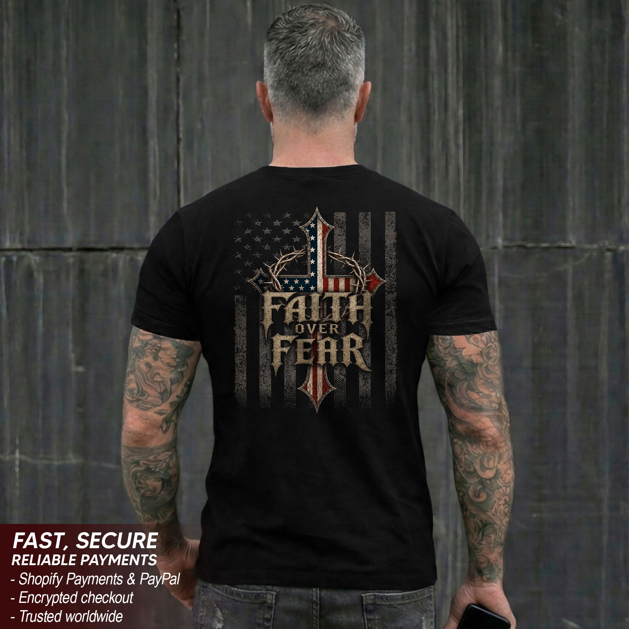 Faith Over Fear Christian Shirt Patriotic American Flag Cross T-Shirt Religious Men