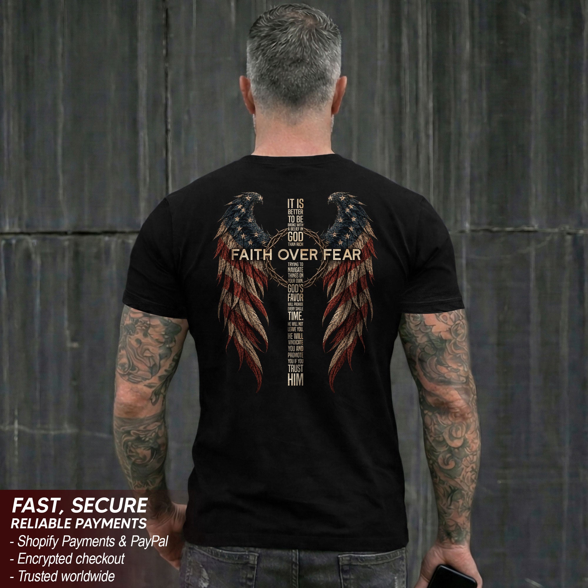 Faith Over Fear Christian Shirt Patriotic American Flag Angel Wings Cross T-Shirt Tee