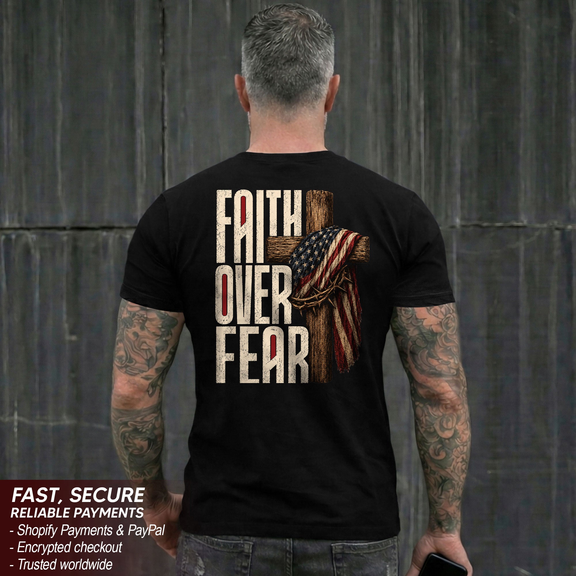 Faith Over Fear Christian Shirt Patriotic Cross American Flag Religious Graphic Tee