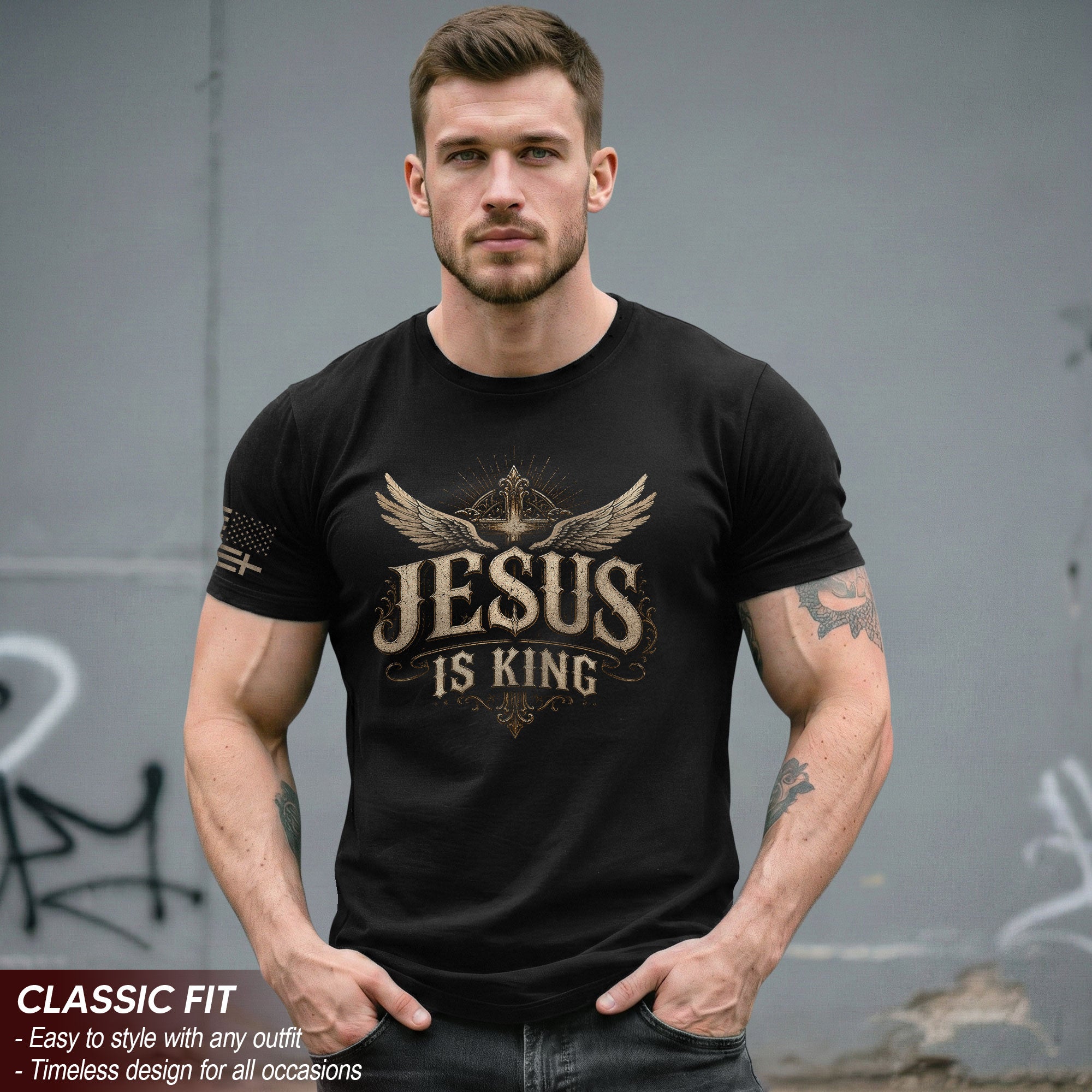 Jesus Is King T Shirt Christian Angel Wings Cross Vintage Religious Graphic Tee