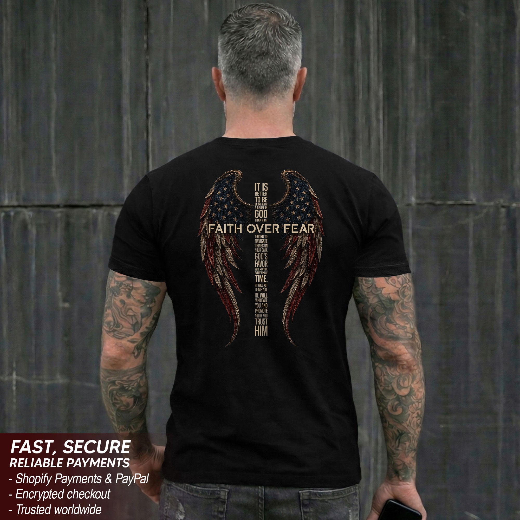 Faith Over Fear Angel Wings T-Shirt Christian Inspirational Religious Graphic Tee