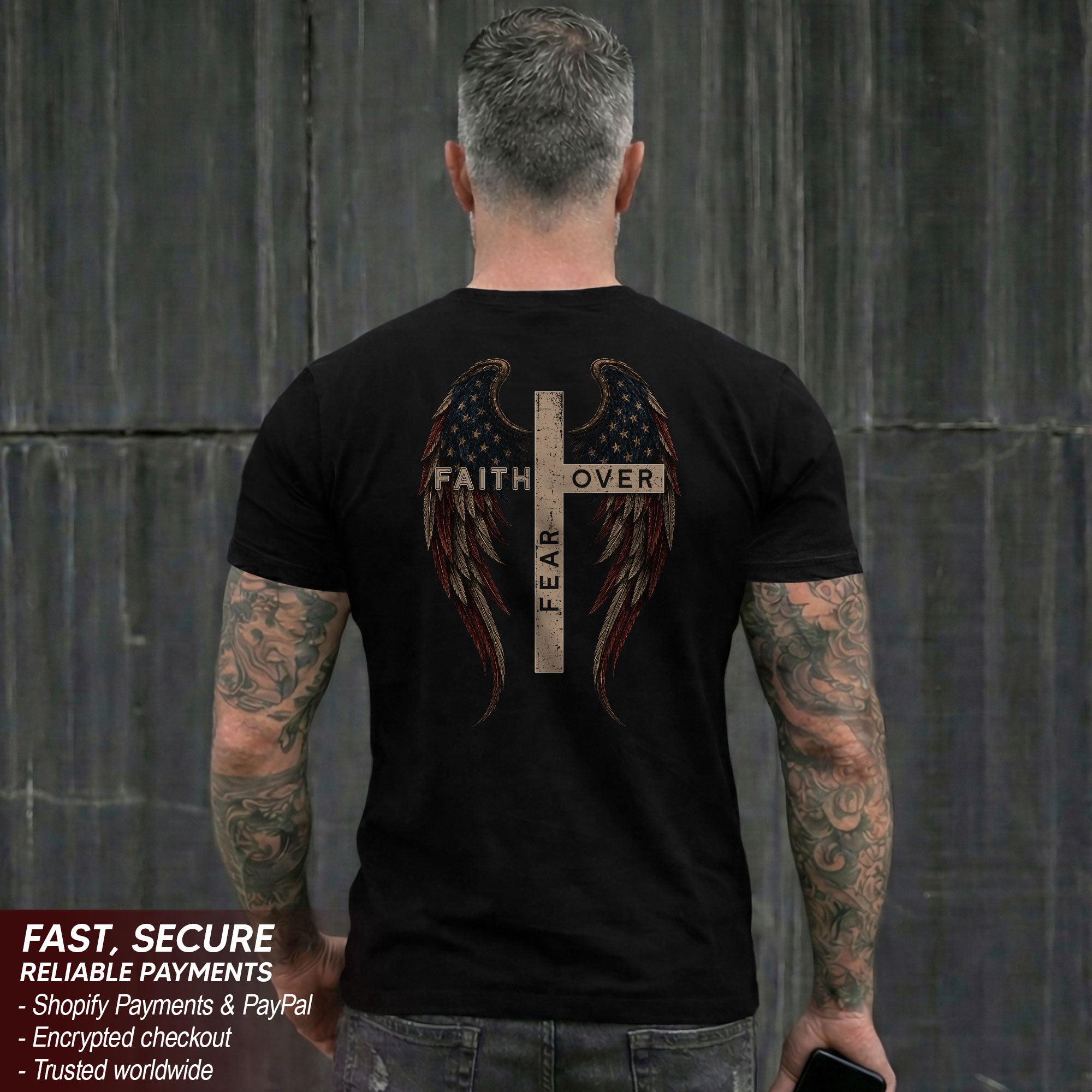 Faith Over Fear Cross Wings Christian T-Shirt Religious Inspirational Faith-Based Tee