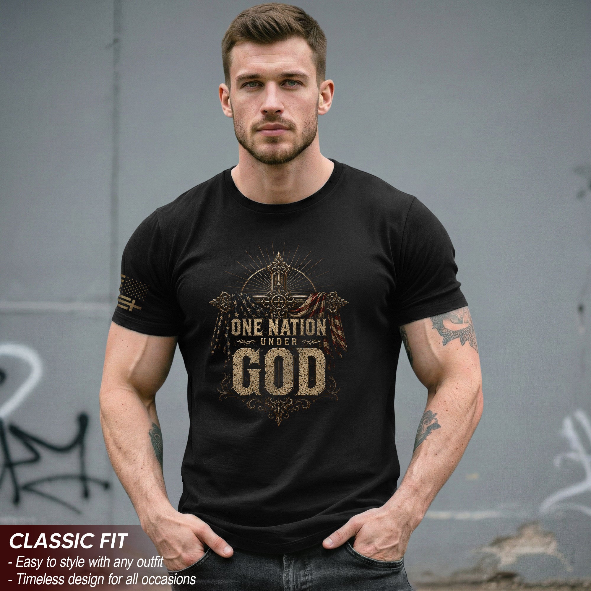 One Nation Under God T Shirt American Flag Cross Christian Patriotic Religious Apparel Tee