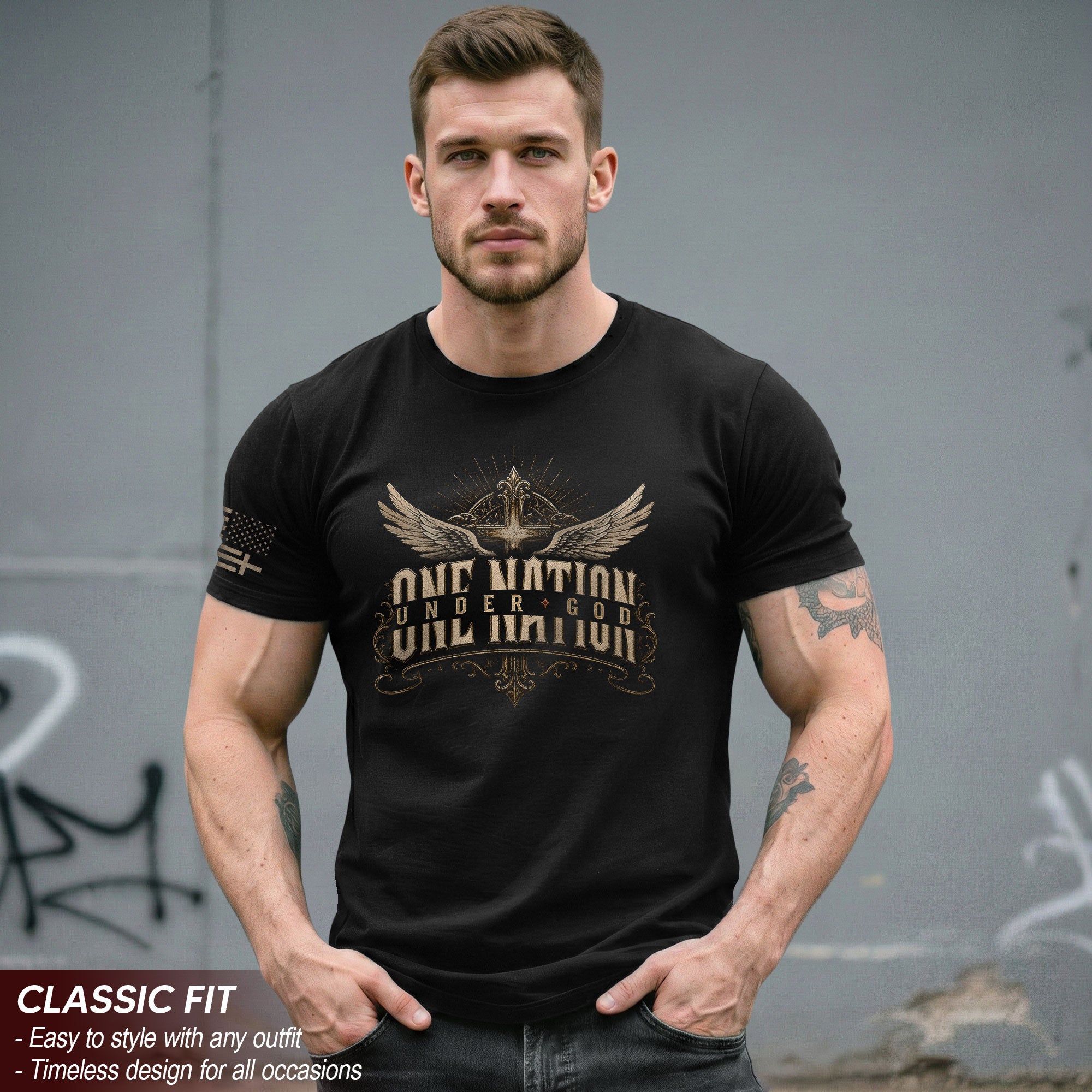 One Nation Under God T Shirt Angel Wings Cross Christian Religious Faith Apparel Tee