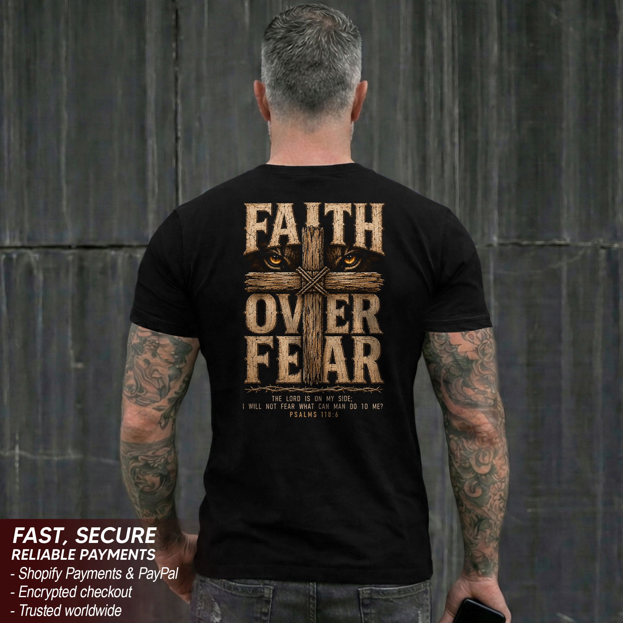 Faith Over Fear Lion Eyes Cross Psalm 118:6 Christian T-Shirt Unisex Casual Top