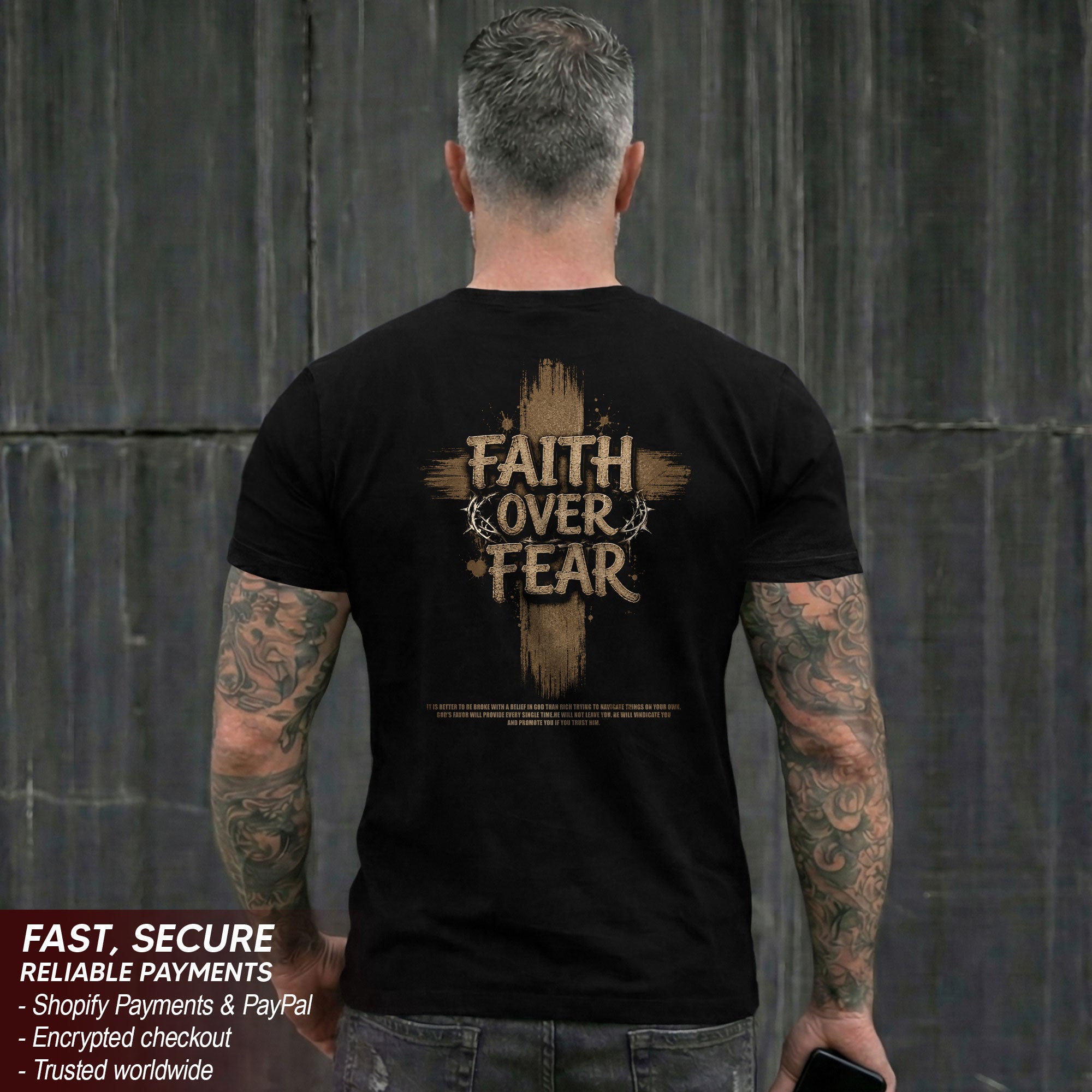 Faith Over Fear T Shirt Christian Wooden Cross Crown Of Thorns Religious Tee Top