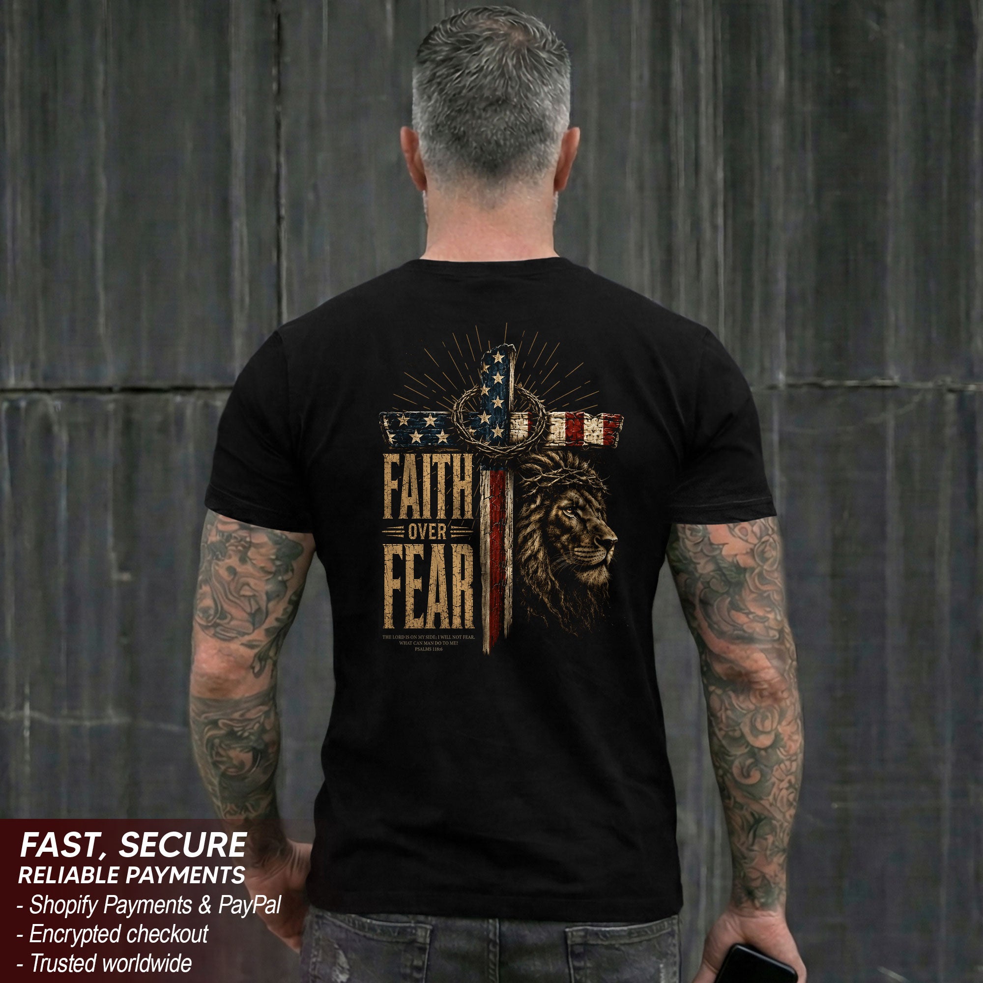 Faith Over Fear T Shirt Christian American Flag Lion Cross Psalms 118 6 Religious Tee