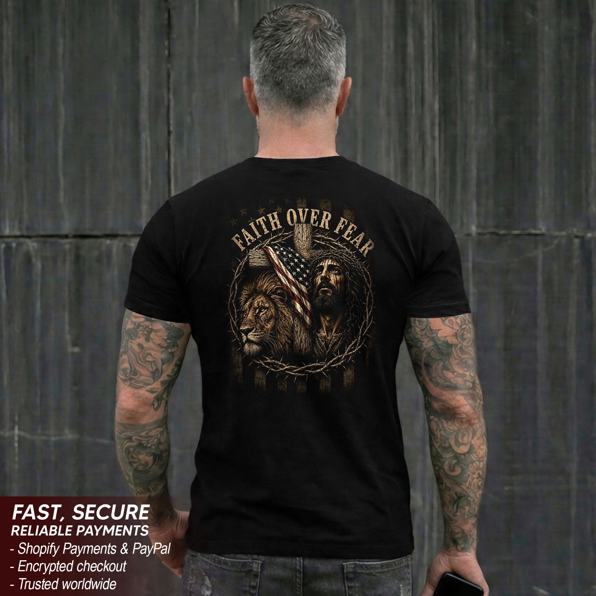 Faith Over Fear T Shirt Christian Jesus Lion American Flag Cross Crown Of Thorns Tee