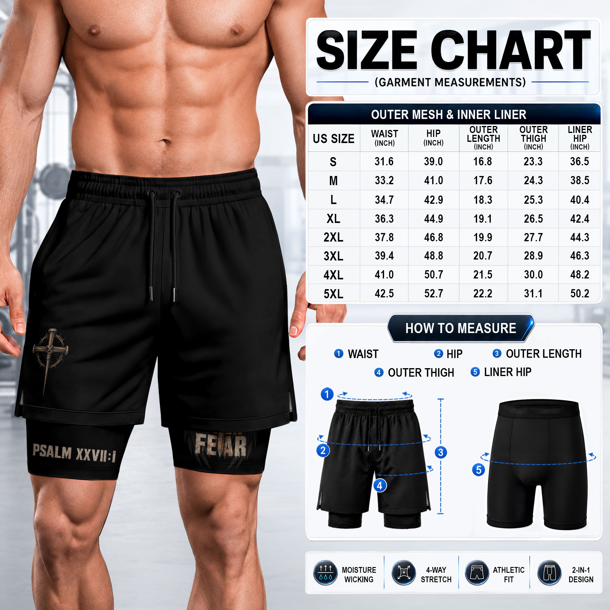 Psalm 27:1 Faith Over Fear Men's Double Layer Track Shorts - Christian Cross Workout Shorts