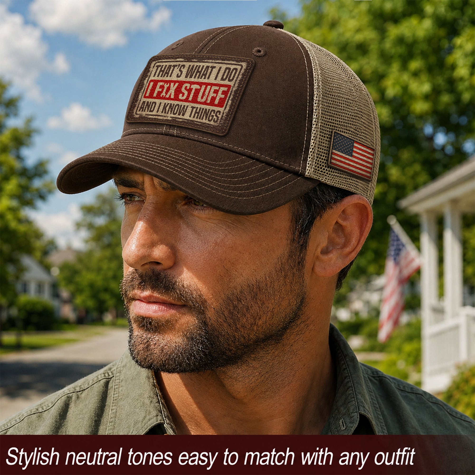 Brown I Fix Stuff And I Know Things Funny Mechanic Men Patch Trucker Hat Casual