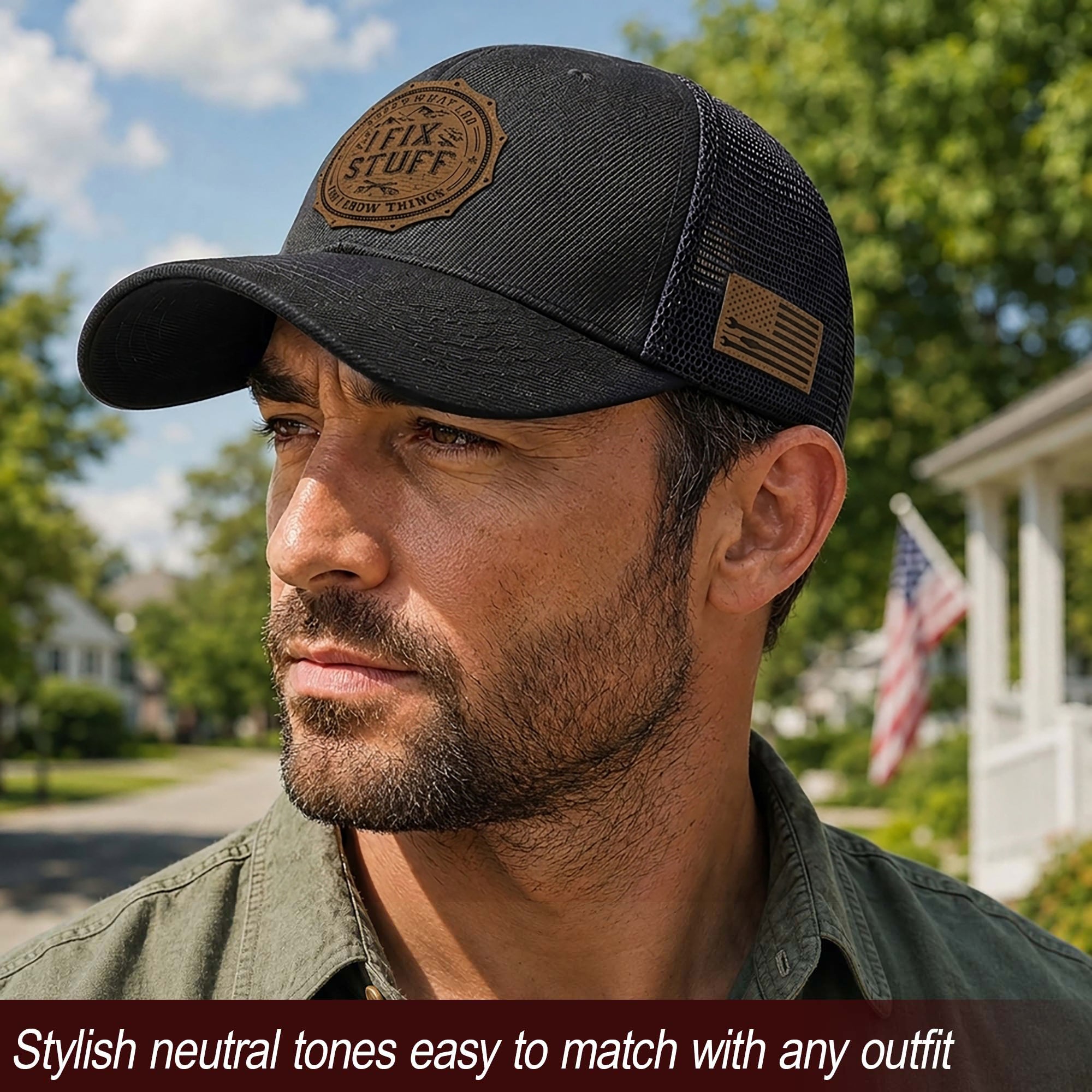 That's What I Do I Fix Stuff Round Leather Patch Black Trucker Hat Handyman Gift