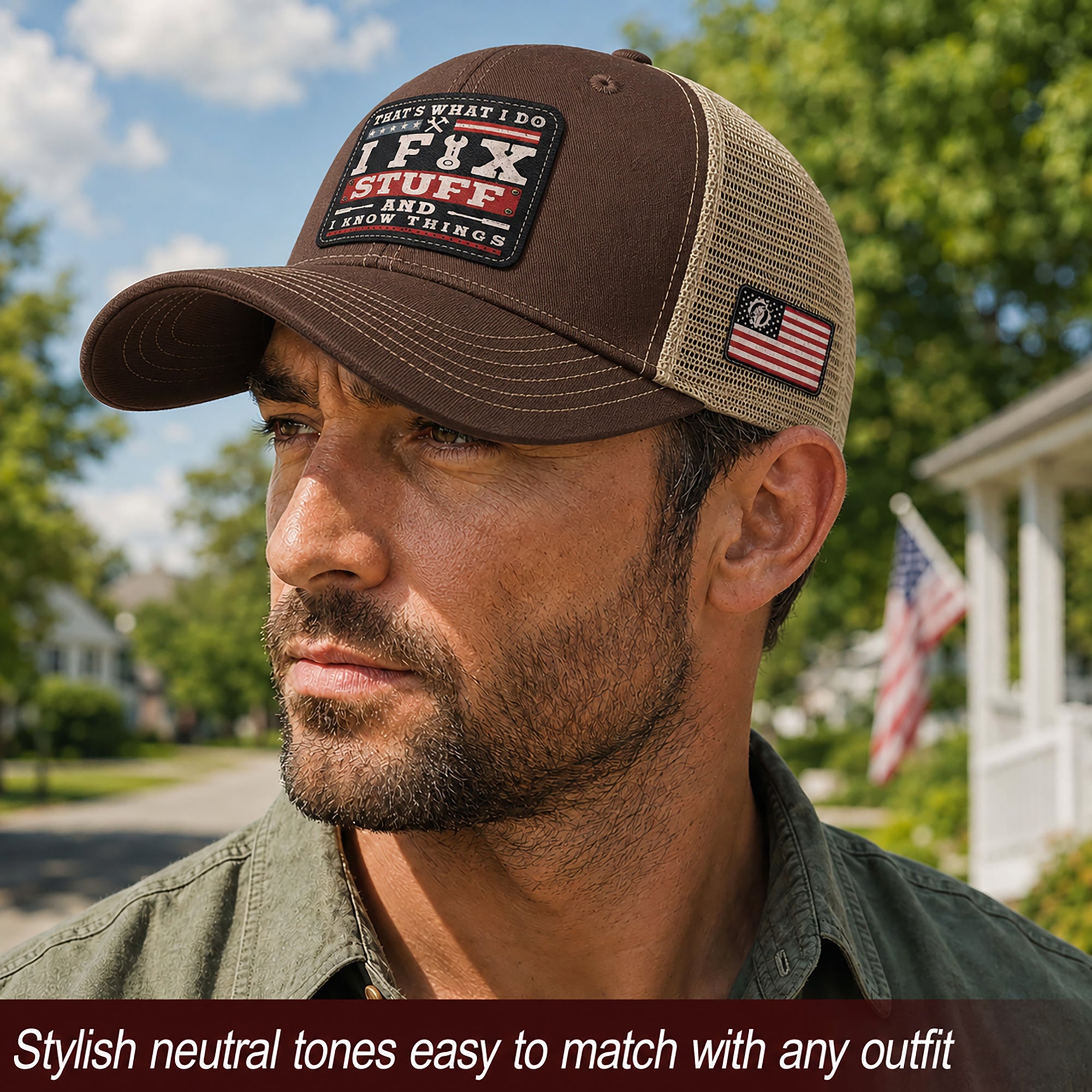 That's What I Do I Fix Stuff Patch Brown Trucker Hat Cool Handyman Dad Gift Idea