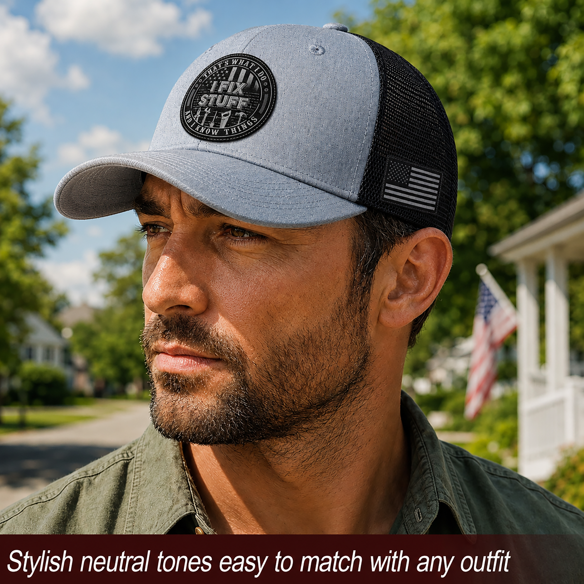 That's What I Do I Fix Stuff Round Patch Grey Trucker Hat Cool Handyman Gift Idea