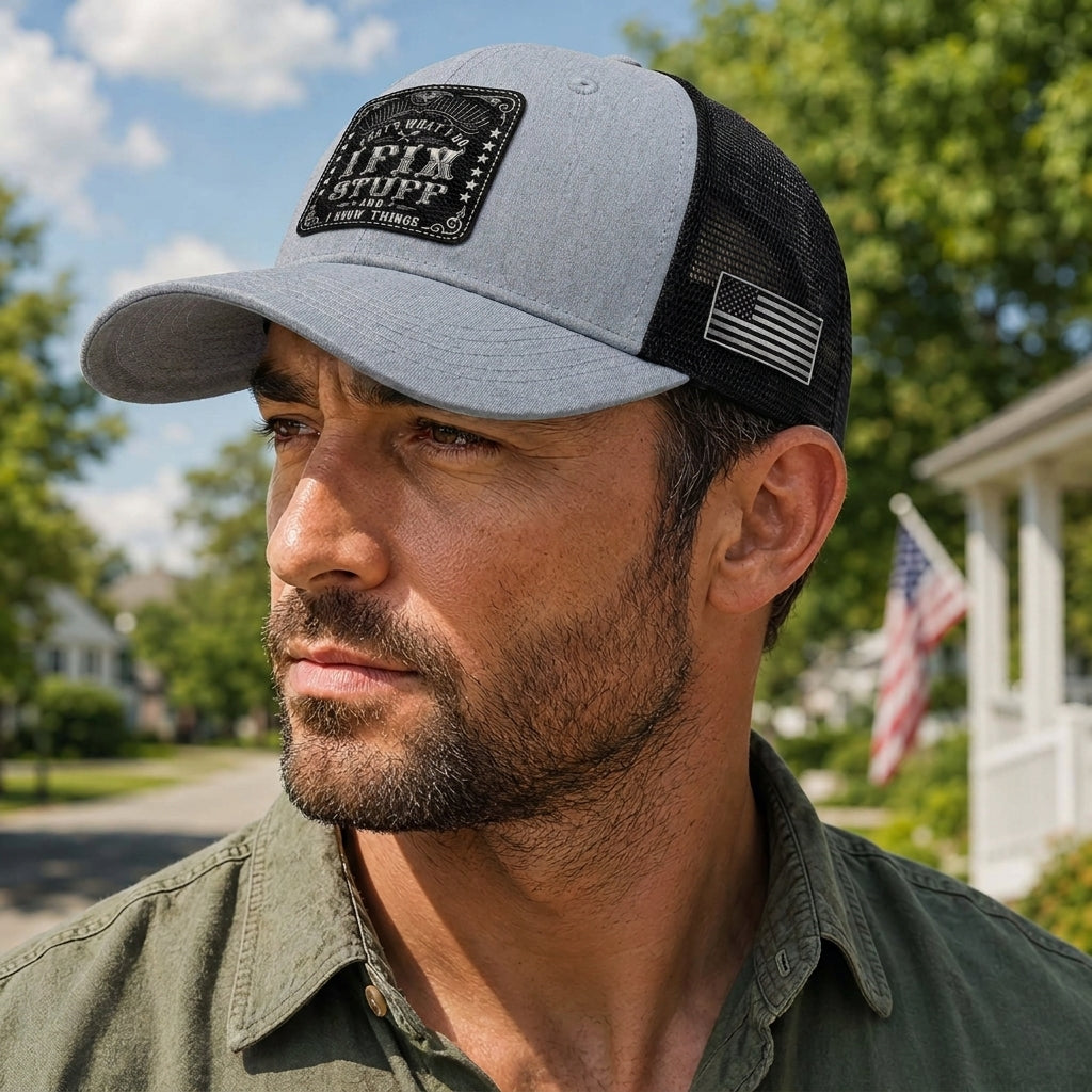 That's What I Do I Fix Stuff Vintage Patch Grey Trucker Hat Cool Handyman Gift Idea