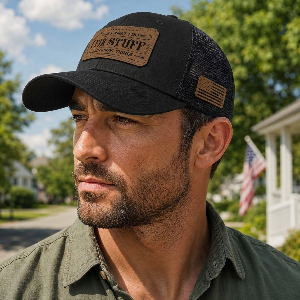 That's What I Do I Fix Stuff Leather Patch Black Trucker Hat Cool Handyman Gift Idea