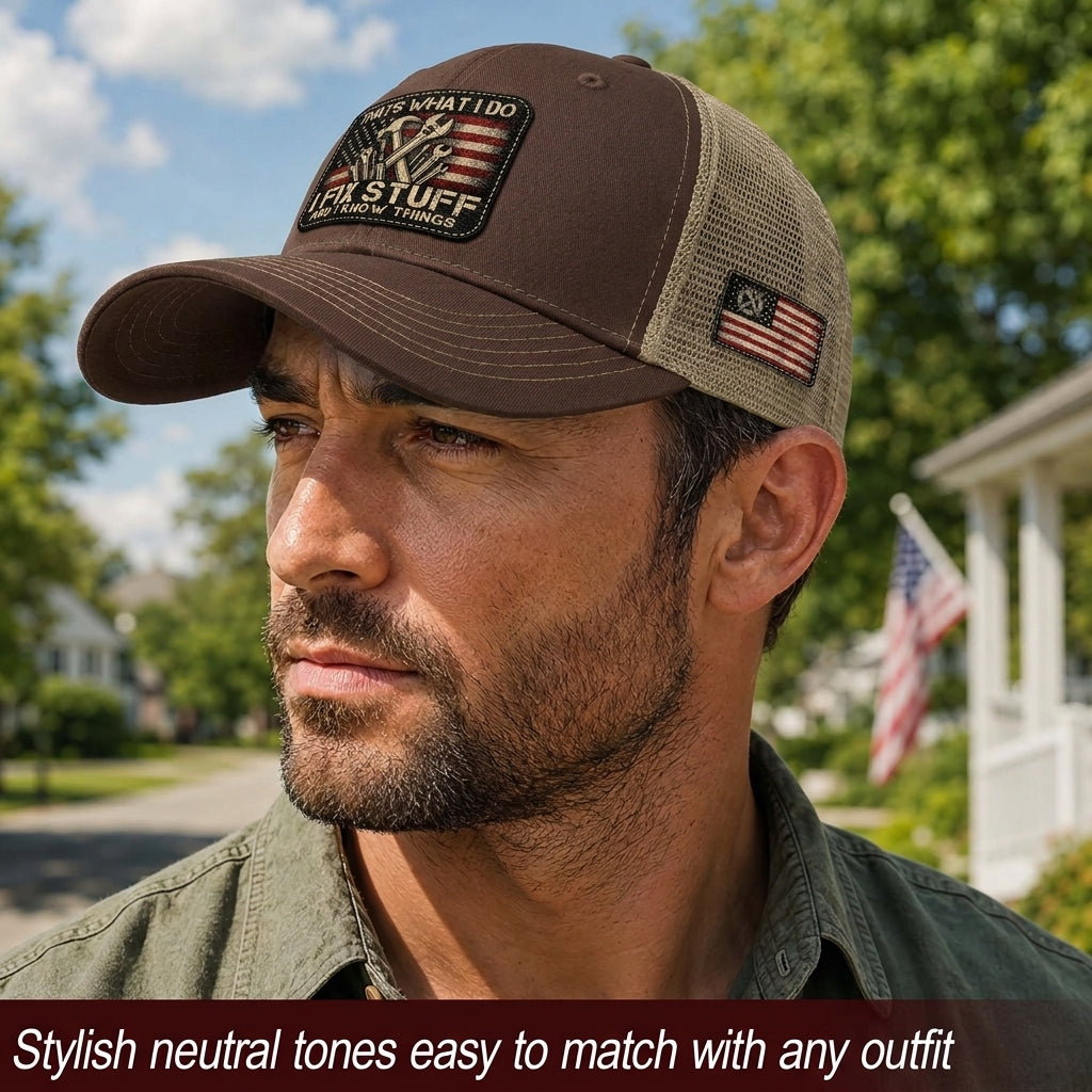 That's What I Do I Fix Stuff American Flag Brown Trucker Hat Cool Handyman Gift Idea