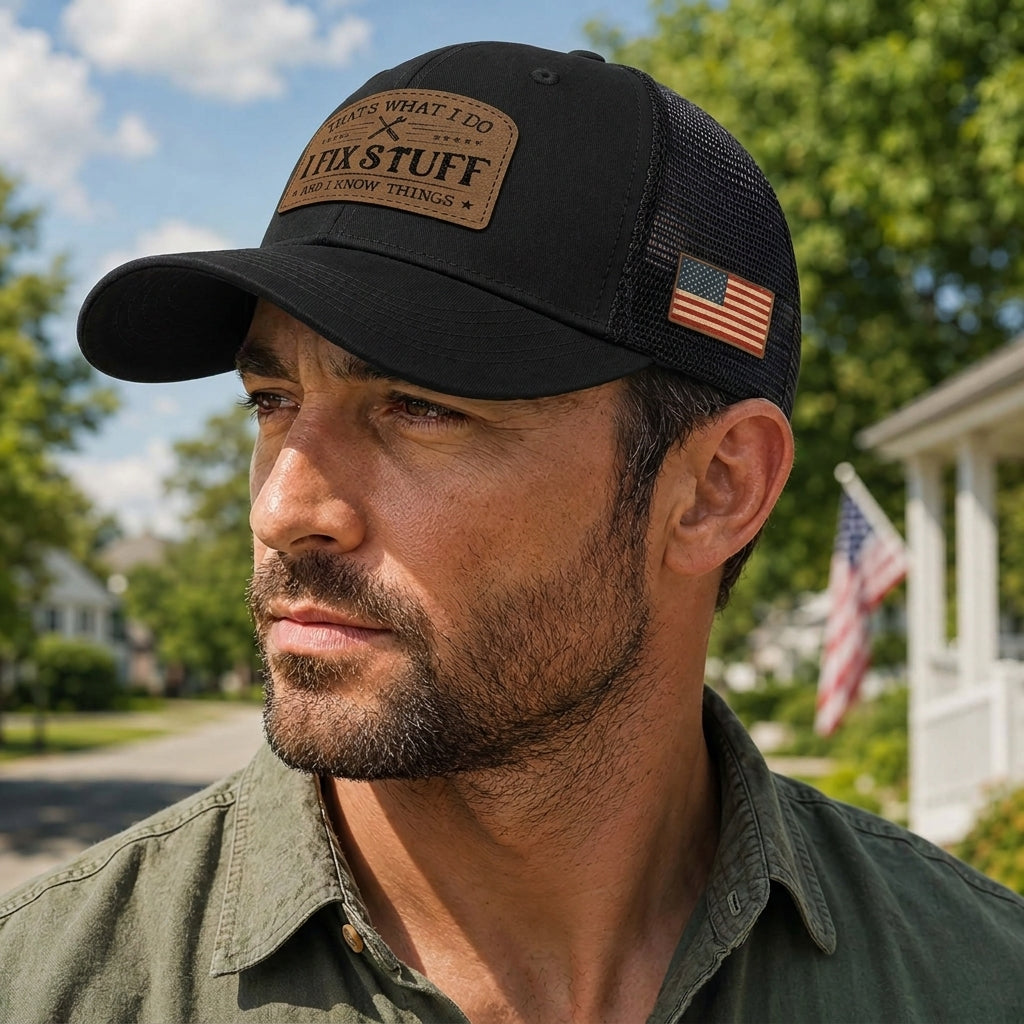 That's What I Do I Fix Stuff Leather Patch Black Trucker Cap Handy Dad Gift Idea