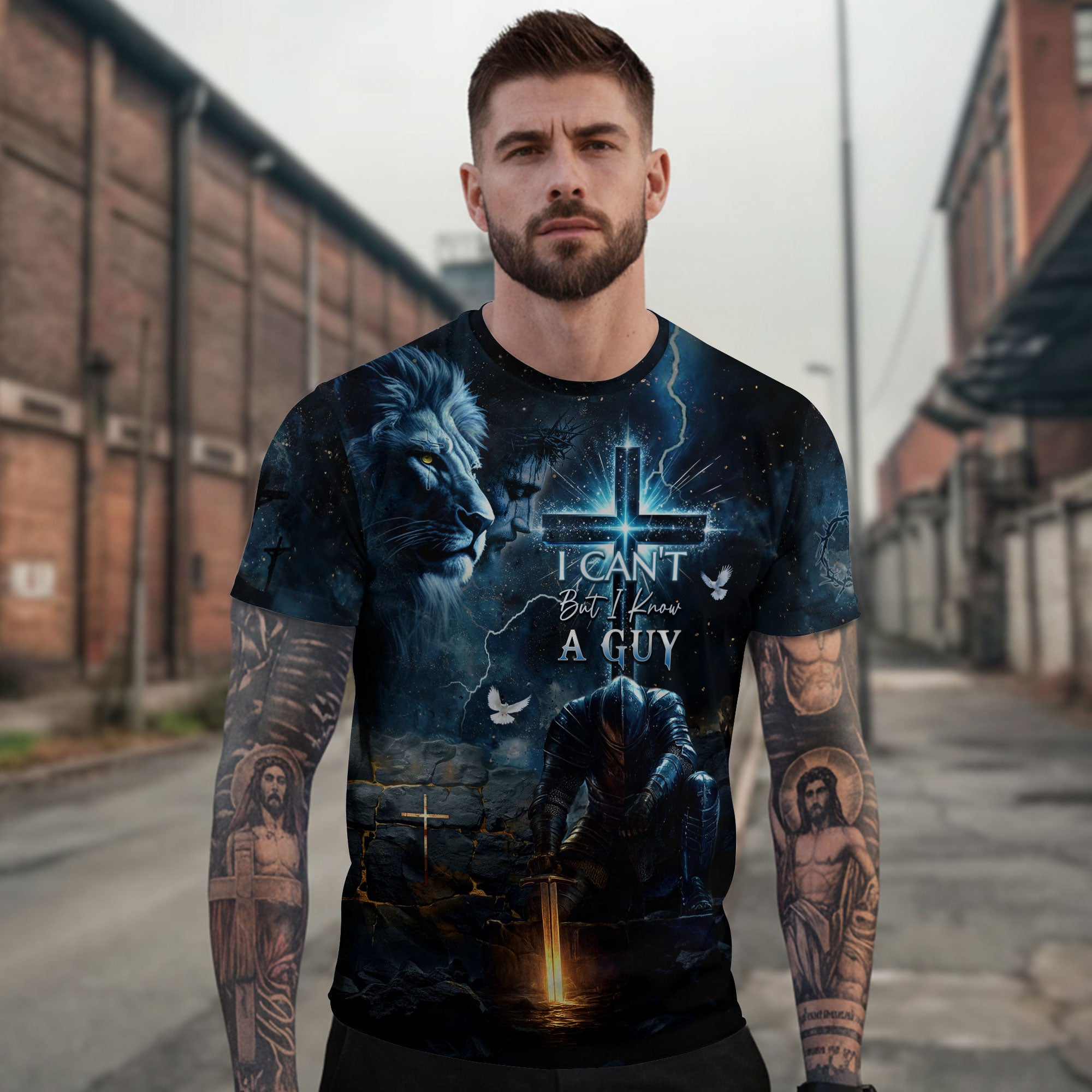 I Can’t But I Know A Guy Christian T-Shirt Knight Warrior Jesus Cross Design