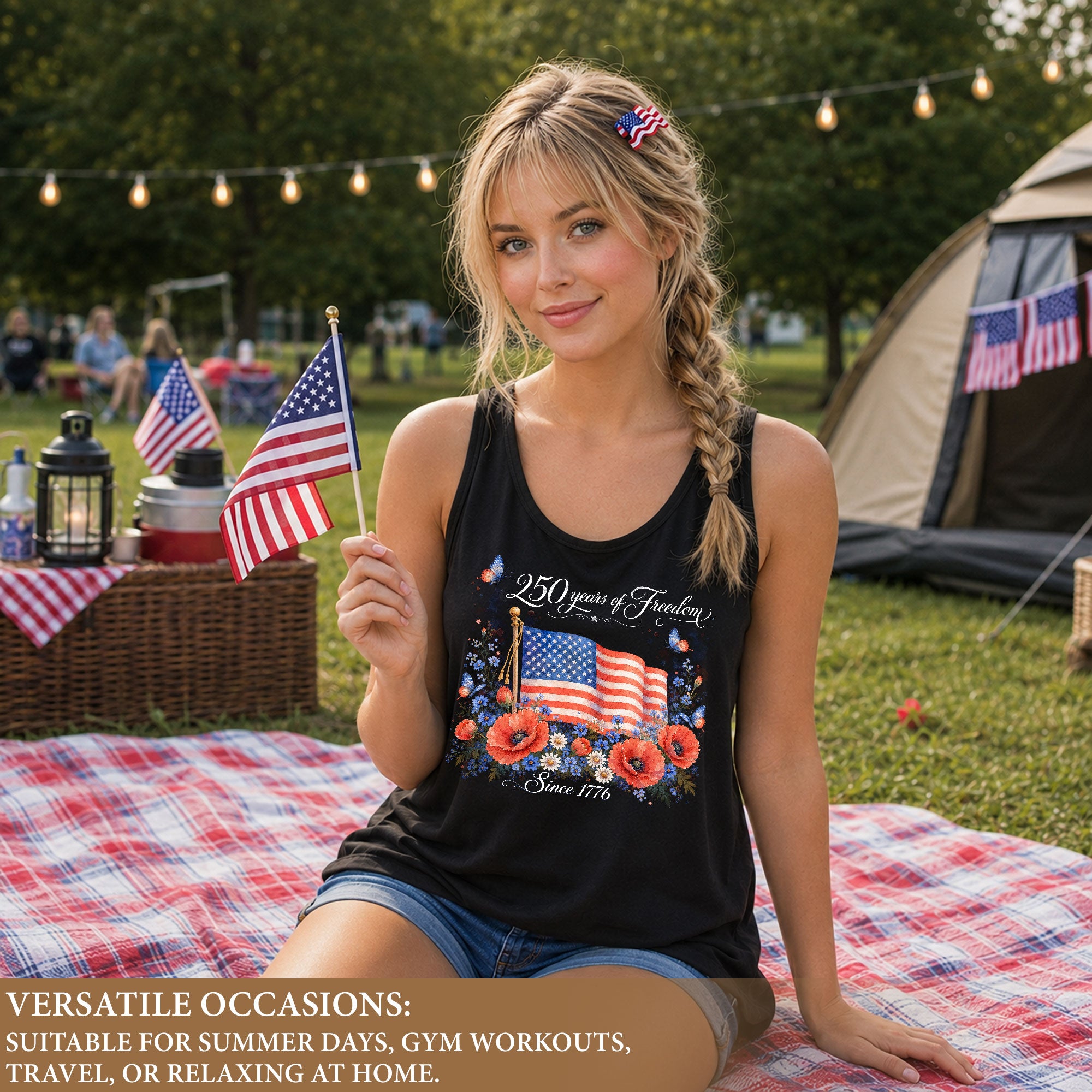 Women's Patriotic Tank Top 250 Years of Freedom Floral US Flag 1776 Graphic Shirt