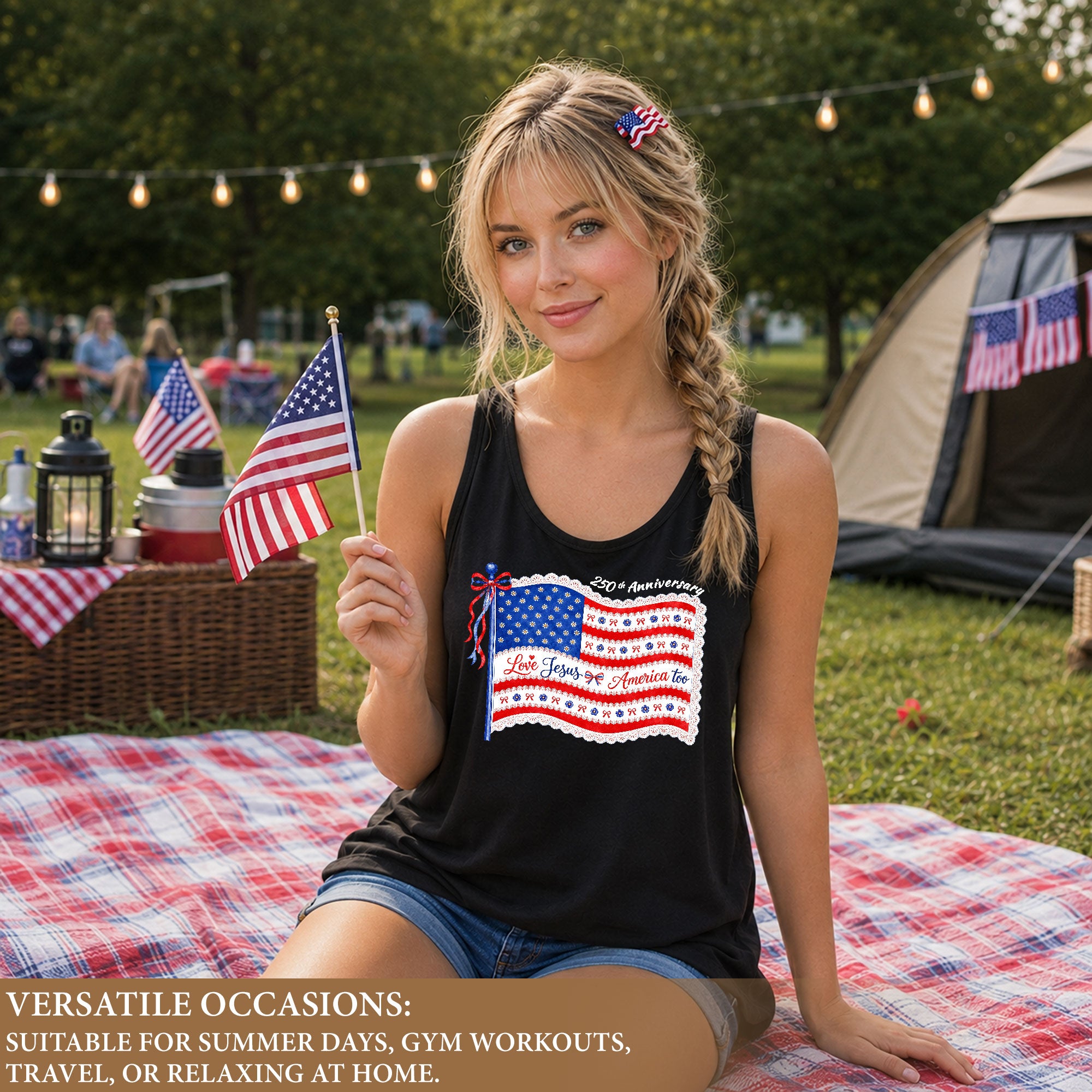 Women's Patriotic Tank Top "Love Jesus & America Too" 250th Anniversary Flag Shirt