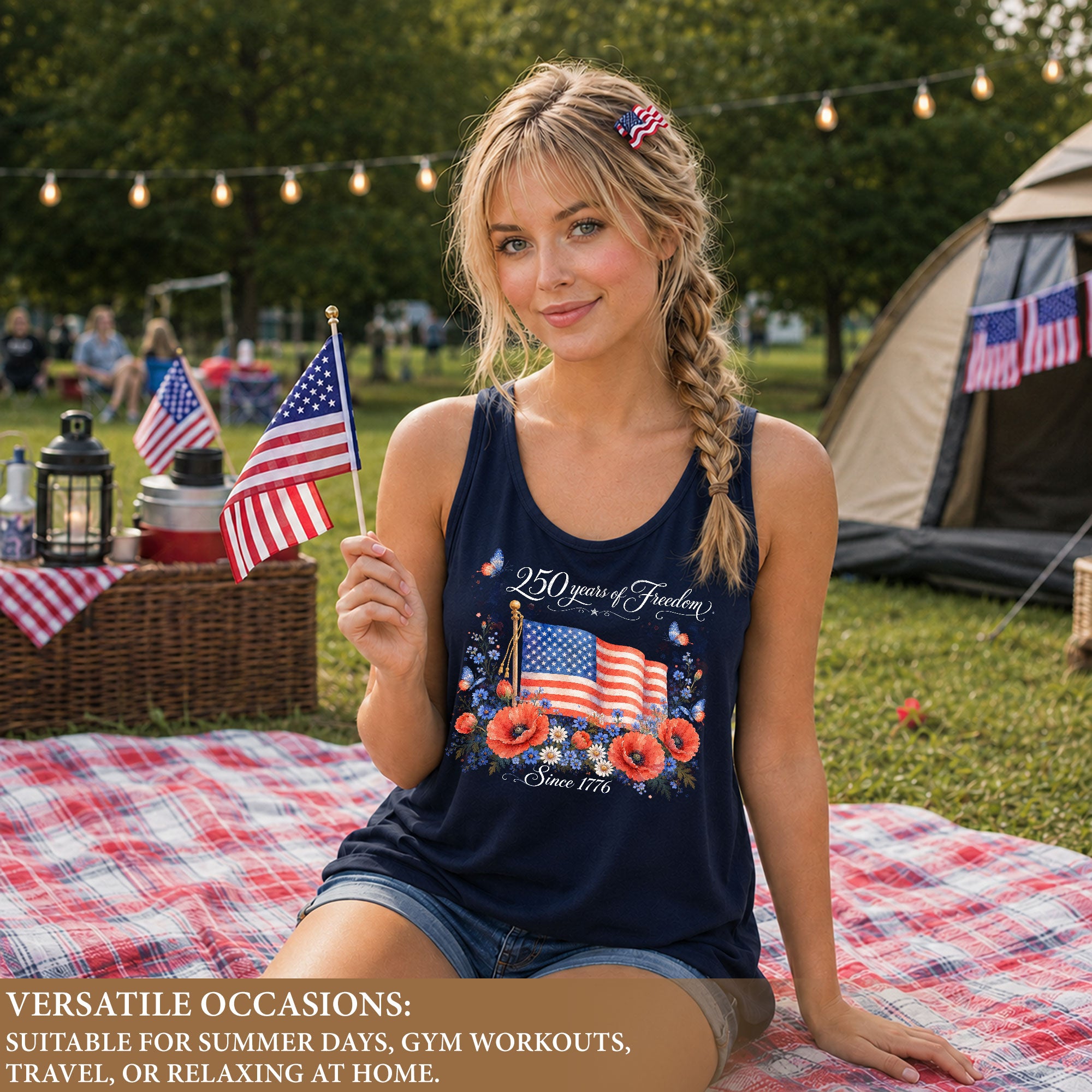 Women's Patriotic Tank Top 250 Years of Freedom Floral US Flag 1776 Graphic Shirt