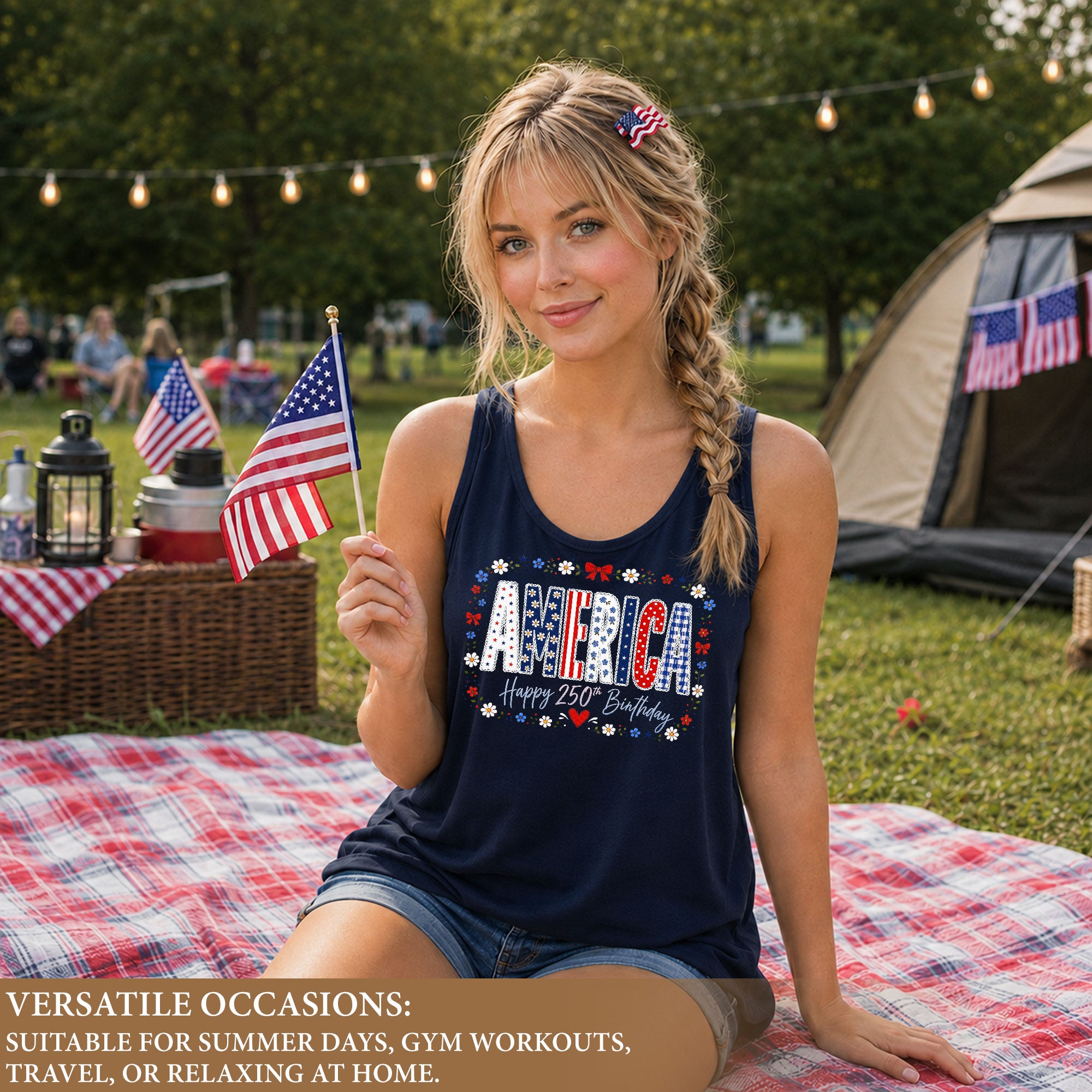 Women's Patriotic Tank Top America Happy 250th Birthday Floral Graphic Summer Shirt