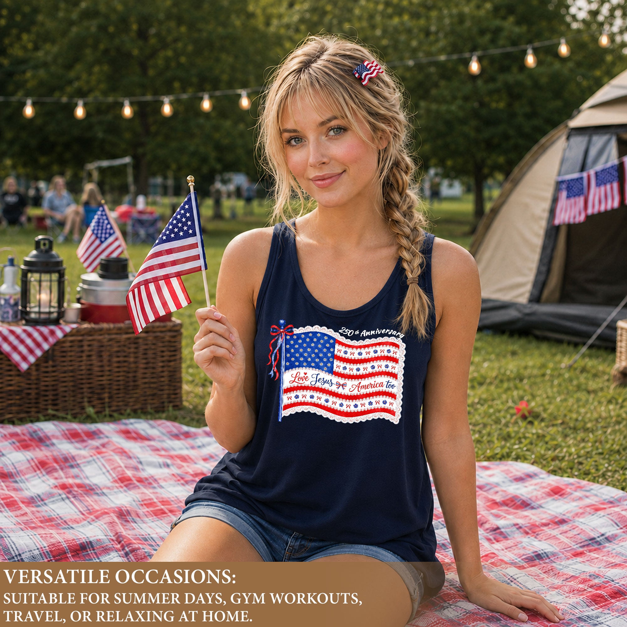 Women's Patriotic Tank Top "Love Jesus & America Too" 250th Anniversary Flag Shirt