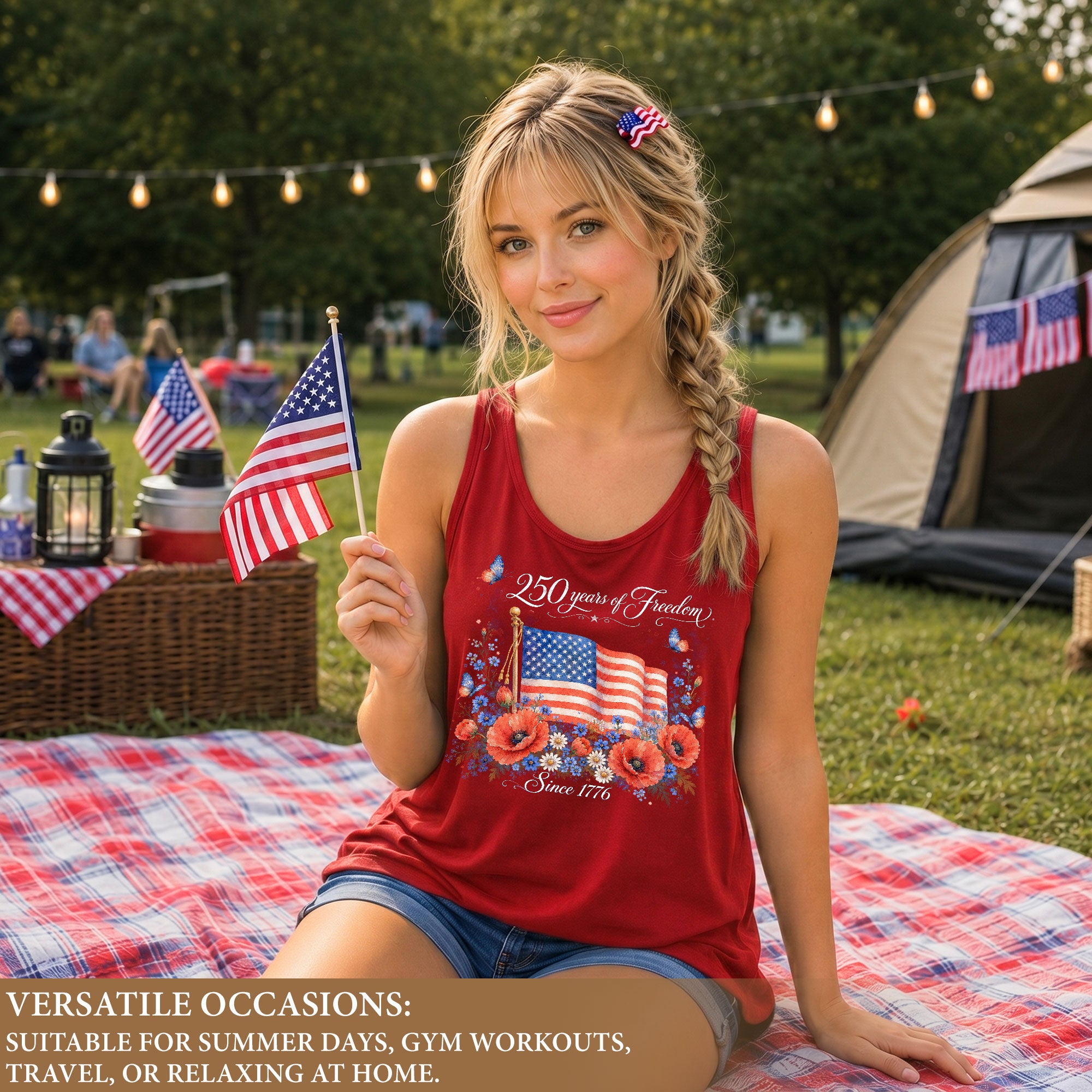 Women's Patriotic Tank Top 250 Years of Freedom Floral US Flag 1776 Graphic Shirt