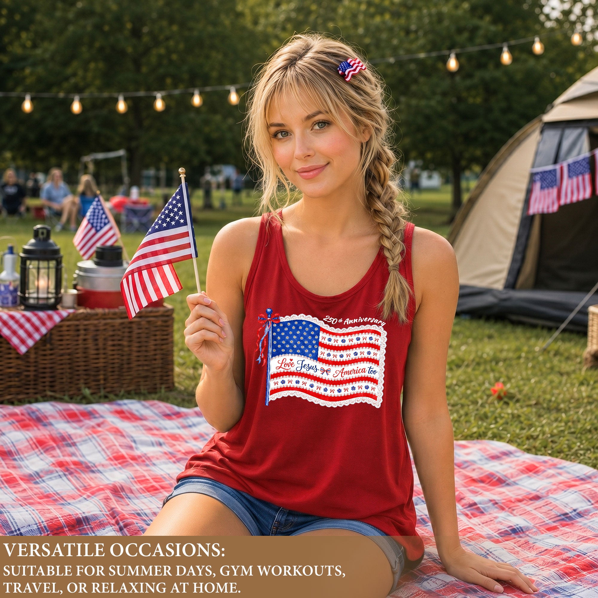 Women's Patriotic Tank Top "Love Jesus & America Too" 250th Anniversary Flag Shirt