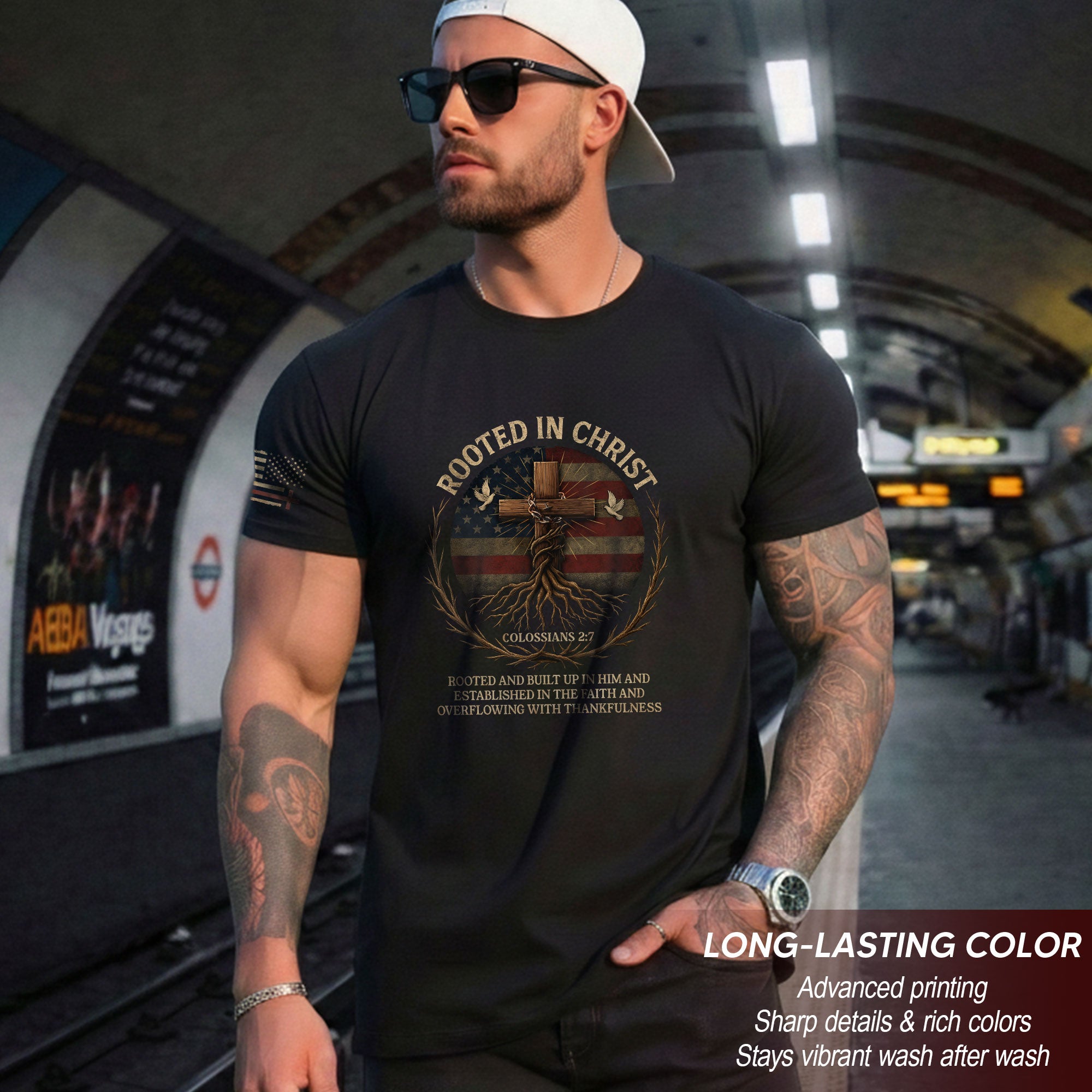 Rooted In Christ – Colossians 2:7 American Faith T-shirt