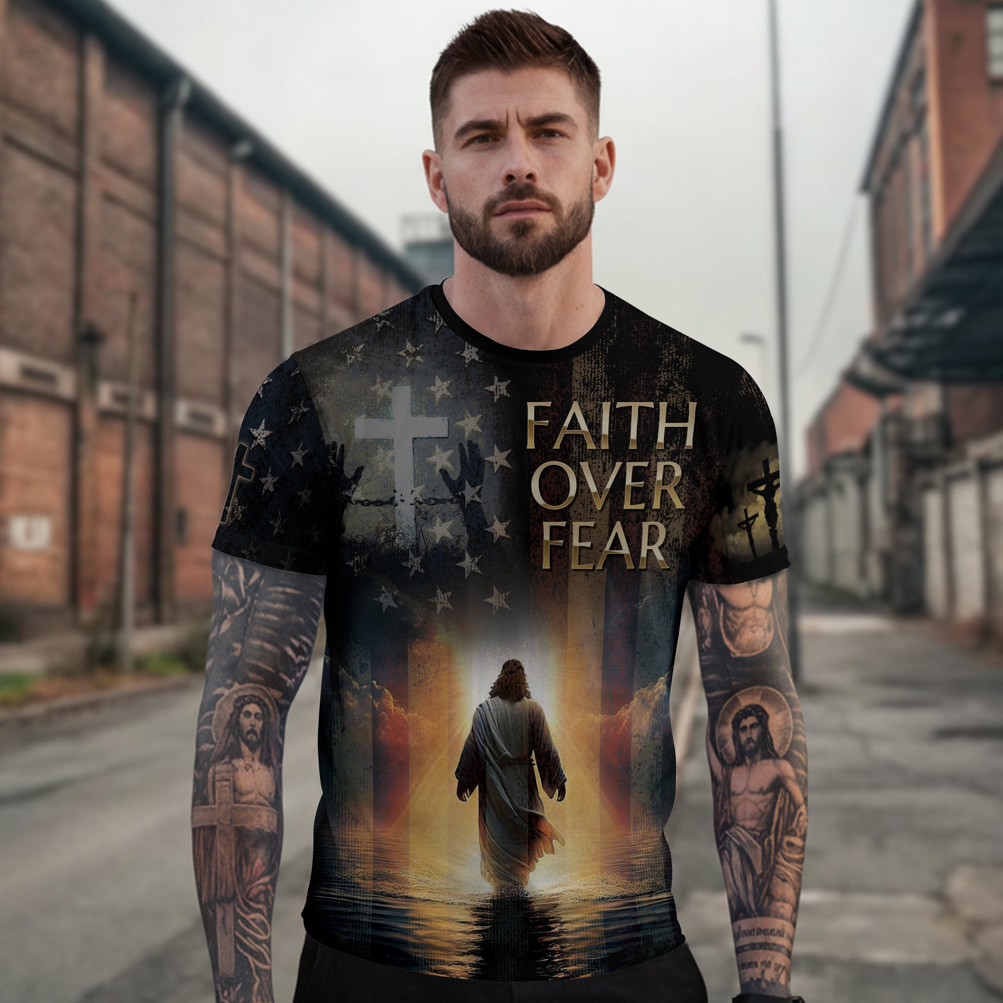 Faith Over Fear Jesus Walks On Water Christian Patriotic T-Shirt