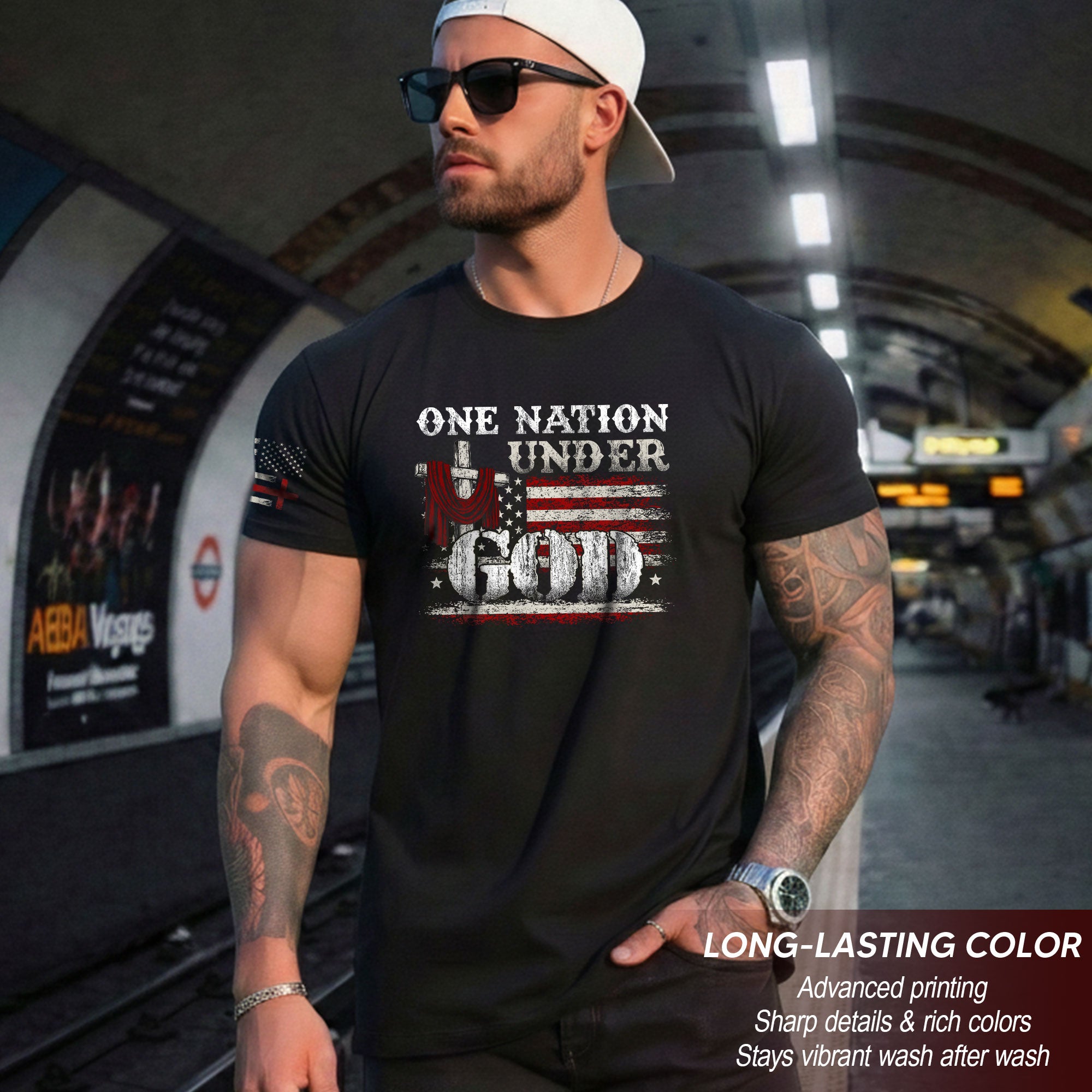 One Nation Under God T-Shirt – Cross & American Flag