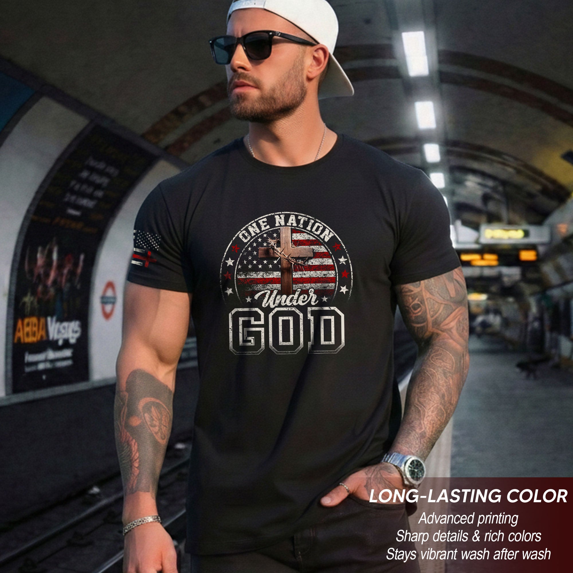 One Nation Under God Christian American Flag Cross Shirt