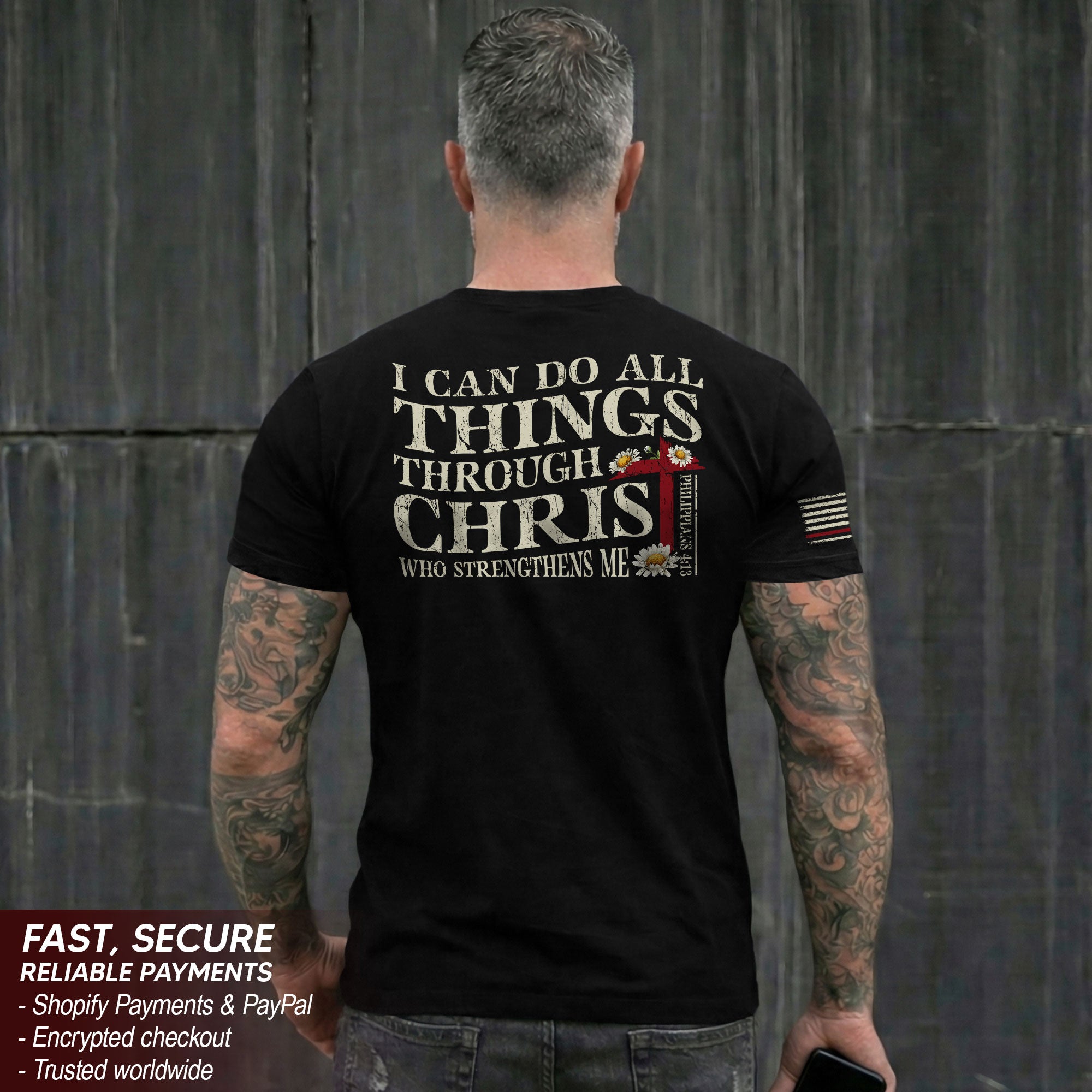 Philippians 4:13 Shirt – I Can Do All Things Through Christ American Flag Tee