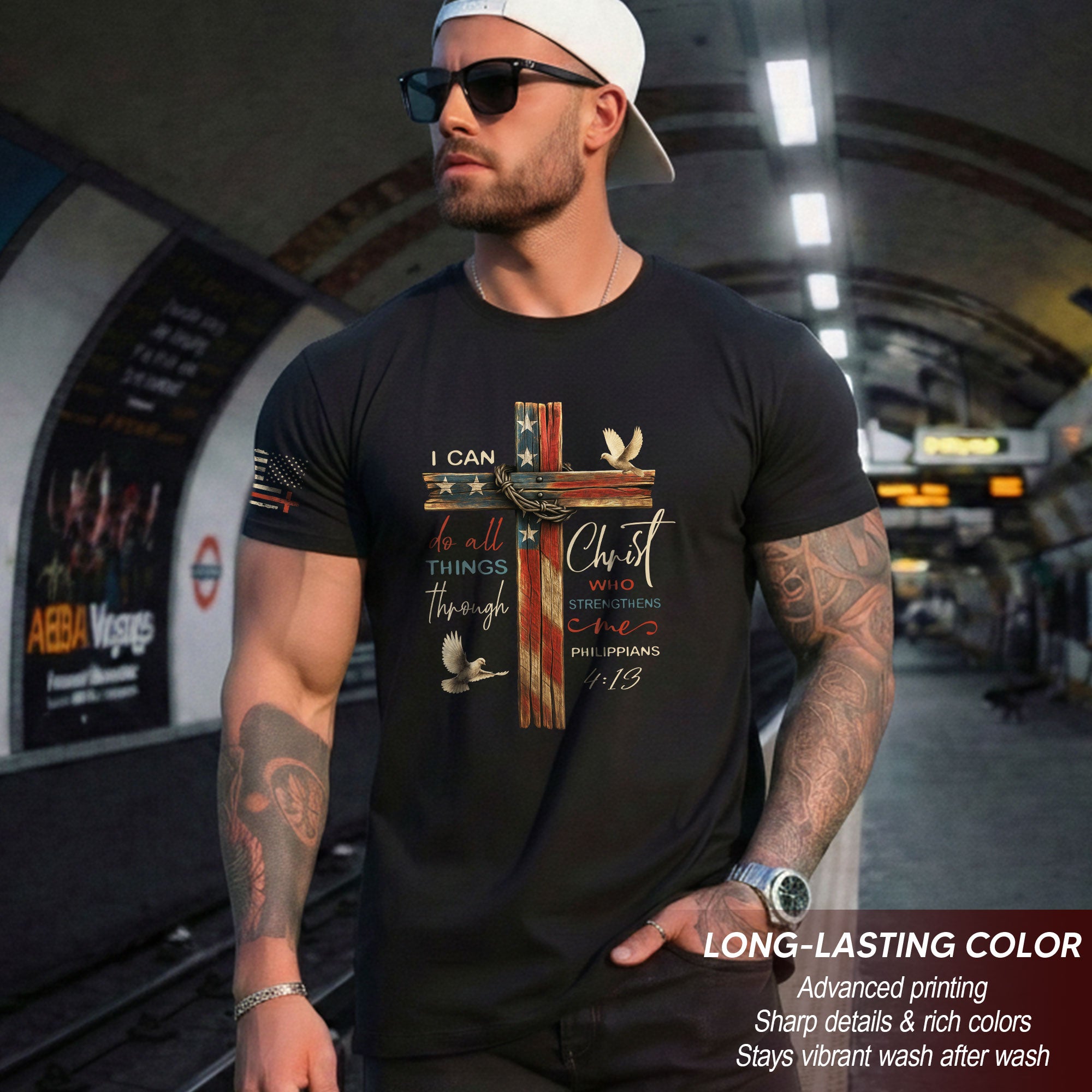 Philippians 4:13 Shirt – I Can Do All Things Through Christ Flag Cross Christian Tee