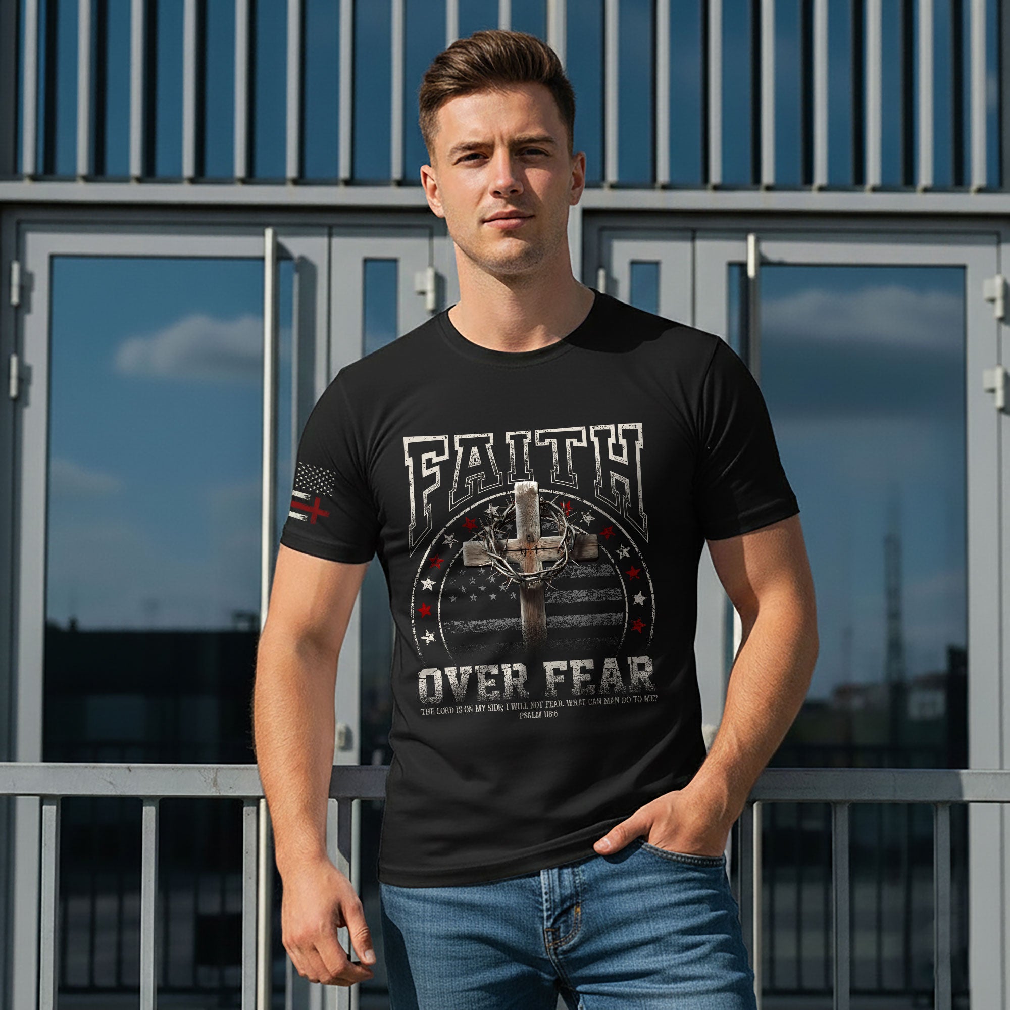 Faith Over Fear Cross American Flag T-Shirt