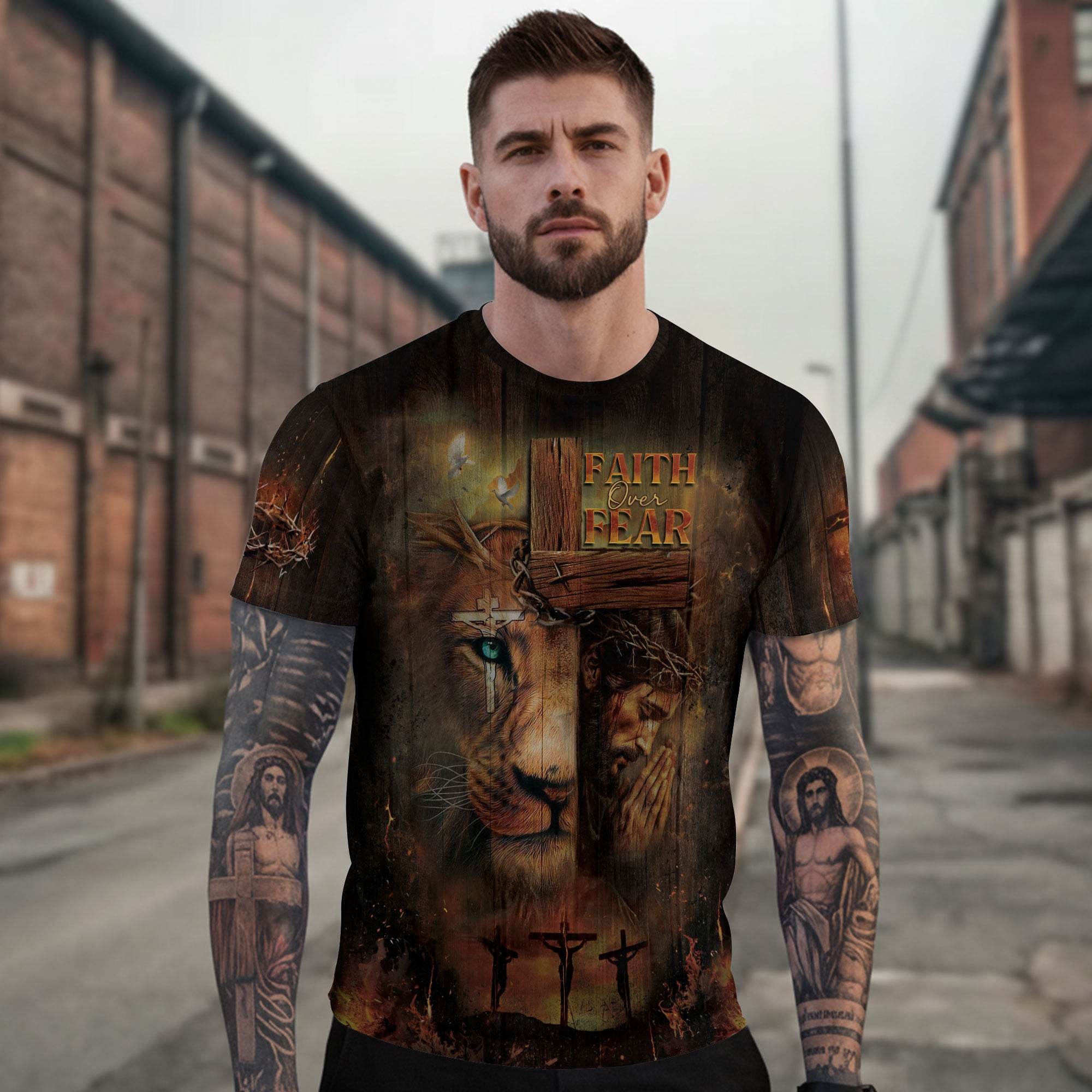 Faith Over Fear Lion & Cross Christian T-Shirt - Rust Field Wear
