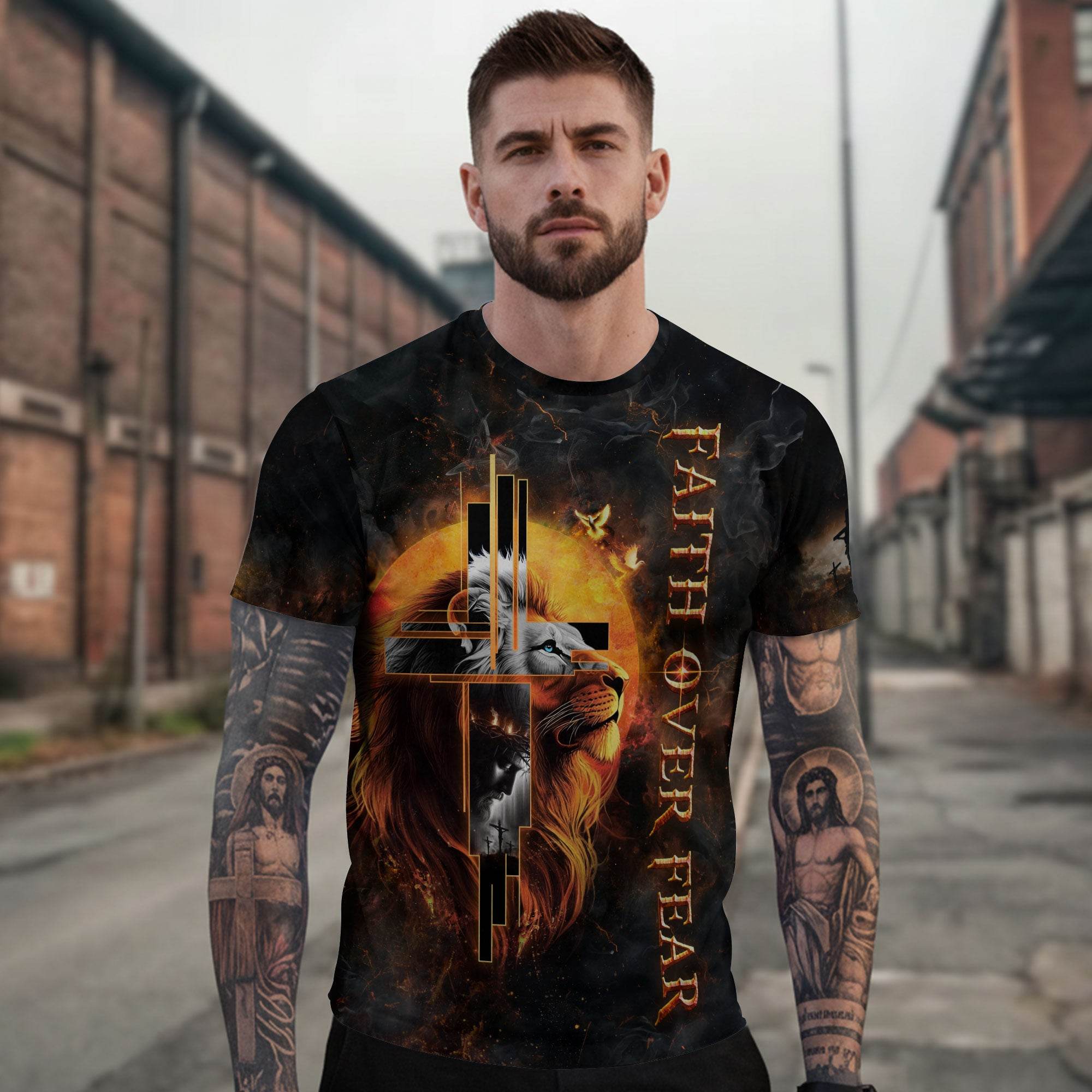 Faith Over Fear Cross Lion & Jesus T-Shirt - Rust Field Wear