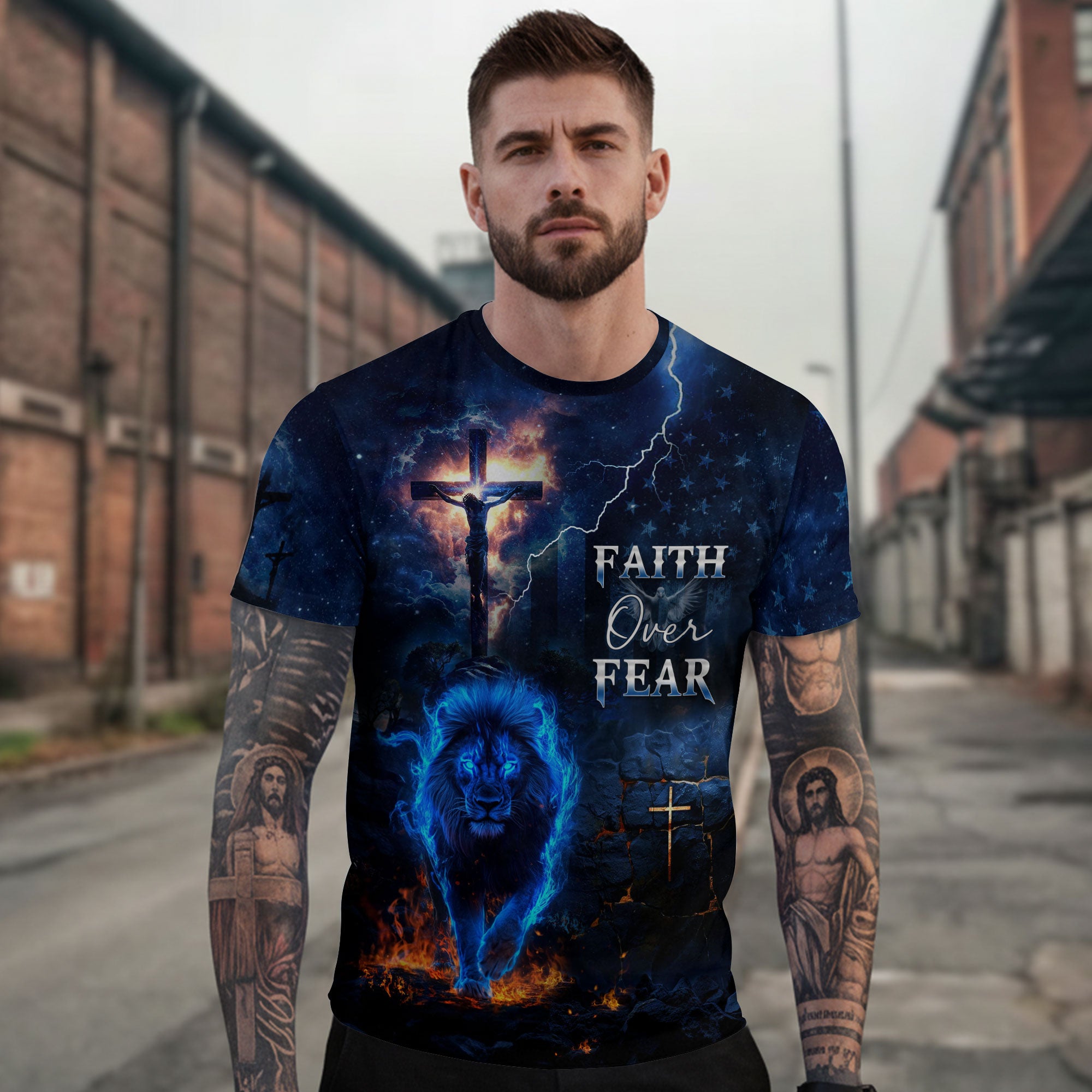 Faith Over Fear Blue Fire Lion And Crucifixion T-Shirt