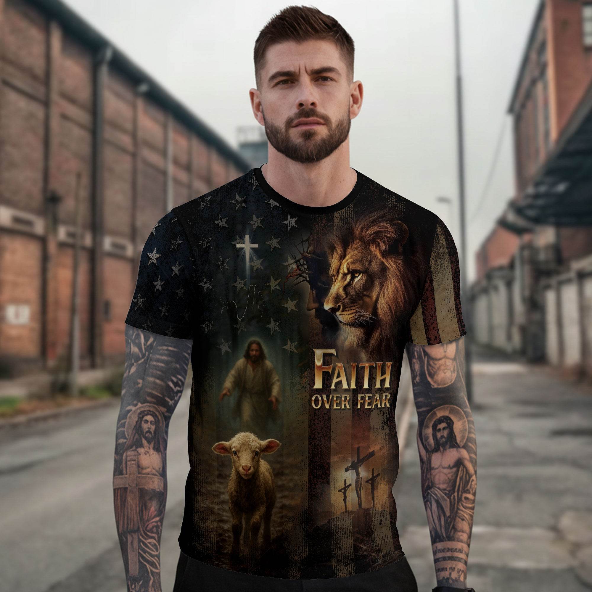 Faith Over Fear Lion & Lamb Christian Cross T-Shirt - Rust Field Wear